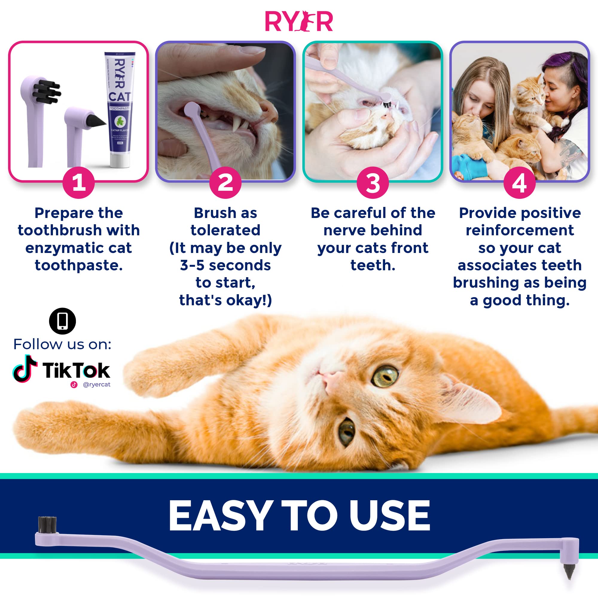 RYERCAT Dual Sided Cat Toothbrush - Kitten Toothbrush with Micro Head to fit into Cat/Kittens Mouth - Cat Dental Care Supplies -