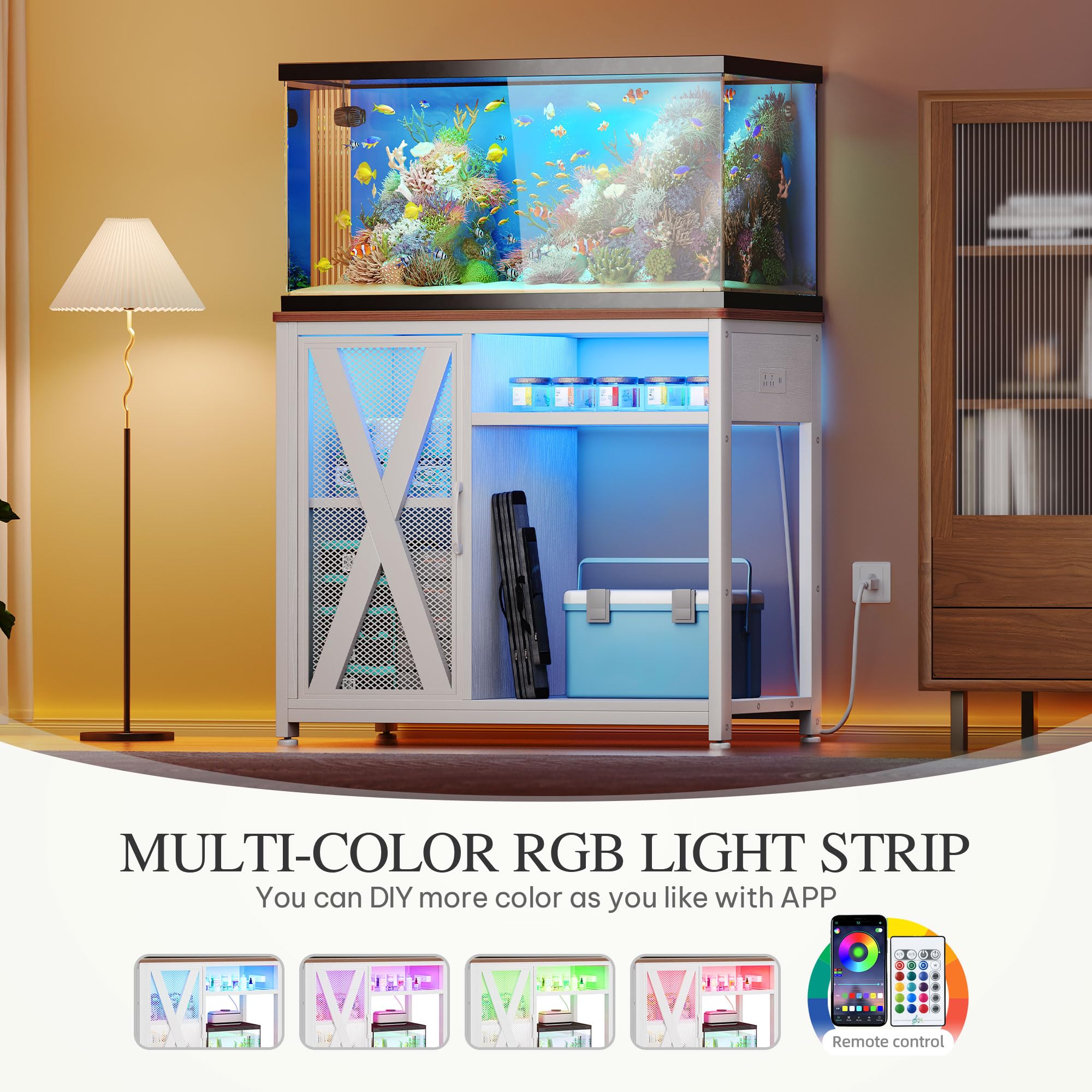 YITAHOME Fish Tank Stand with Power Outlets & LED Light, 40-50 Gallon Metal Aquarium Stand with Cabinet for Fish Tank Accessorie