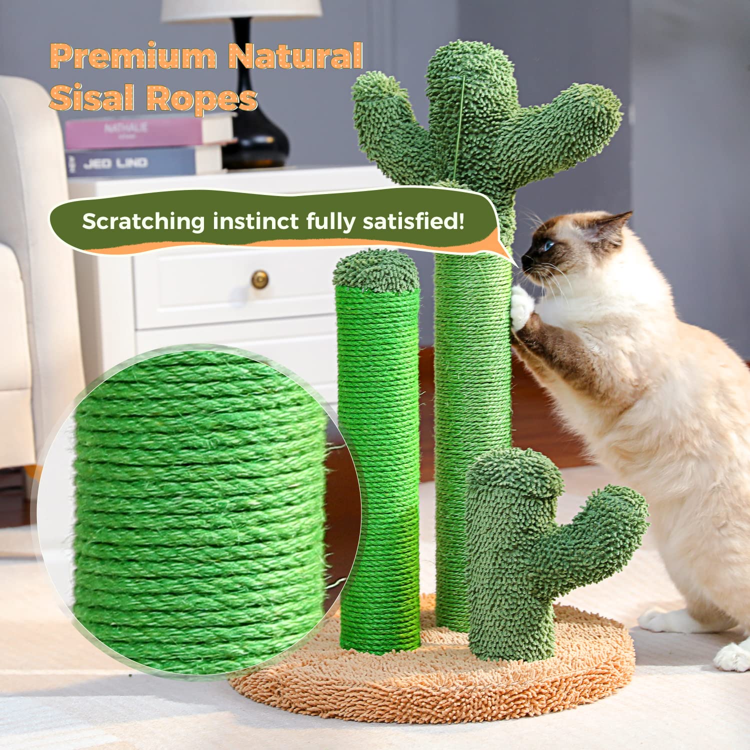 PAWZ Road Cat Scratching Post - Cactus Design with 3 Poles & Dangling Ball, Medium 23", Khaki, Engineered Wood, Model AM13-AMT0066BN