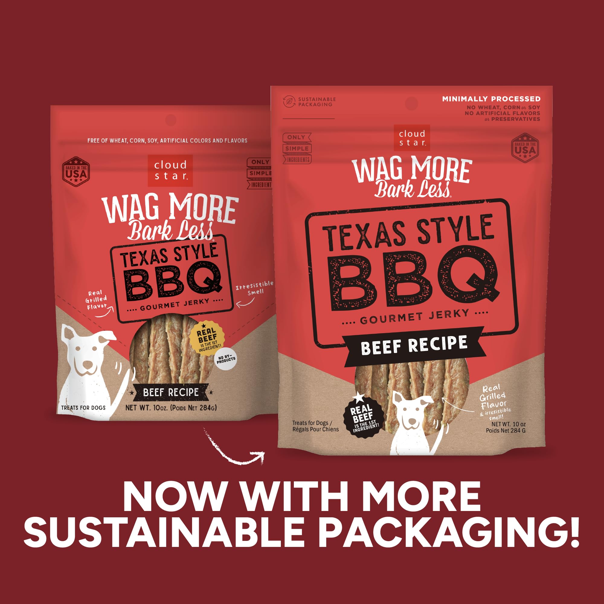 Cloud Star Wag More Bark Less Jerky Grain Free Dog Treats, Texas BBQ Beef, 10 oz. Pouch