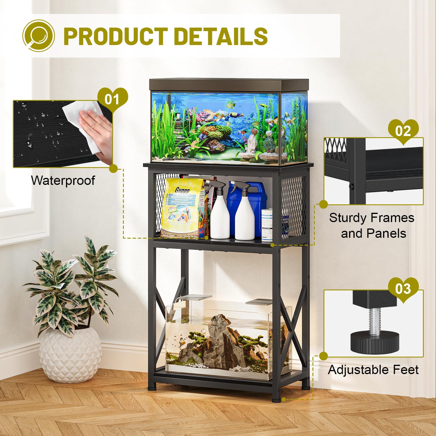 Snughome 10 Gallon Aquarium Stand, Heavy Metal Fish Tank Shelf, 20.47"x11.42"x30.91", Black, Model YGJ003BK