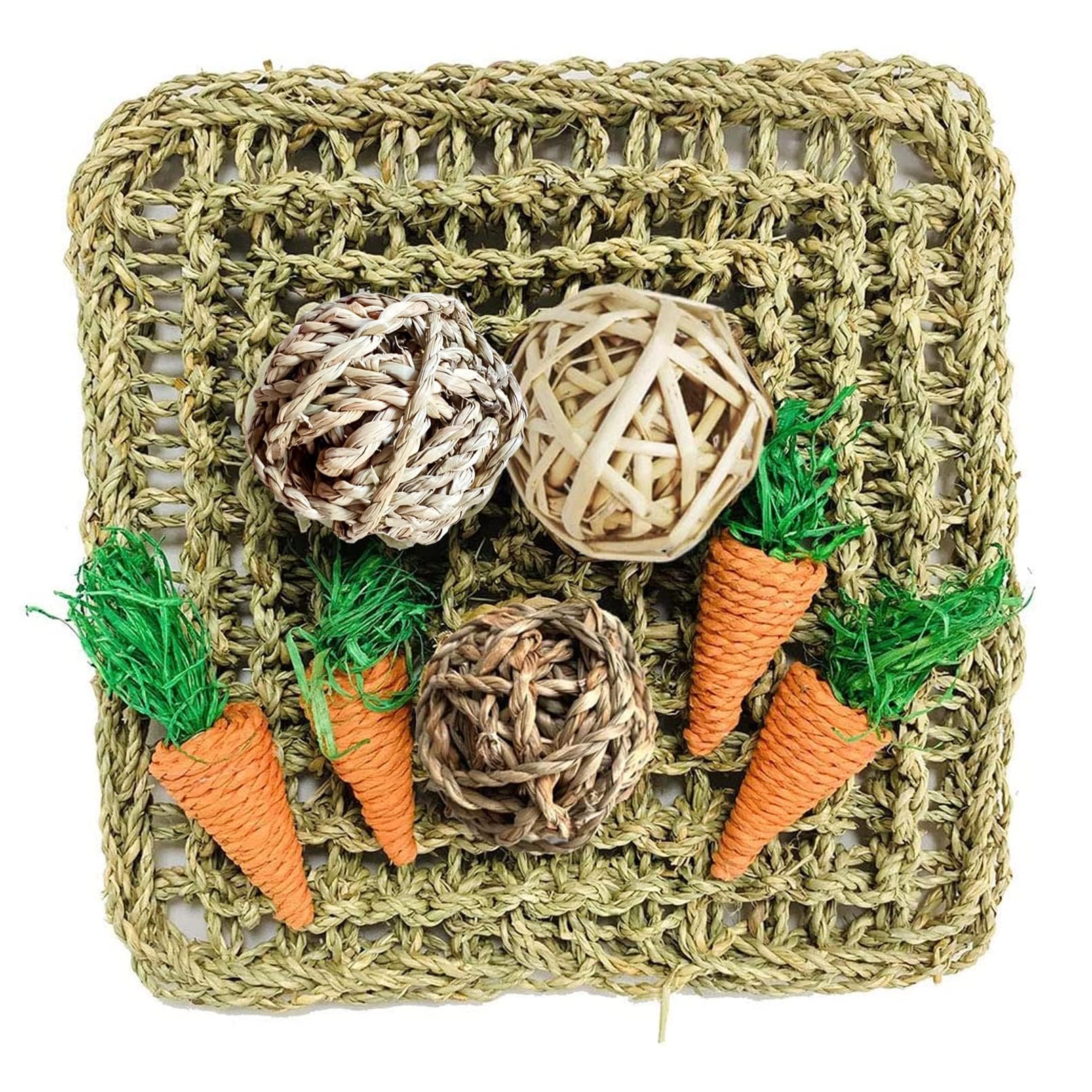 Hamiledyi Rabbit Seagrass Mat Activity Mat Bunny Chew Toy Small Animal Activity Play Ball Carrot Toy for Hamster Guinea Pigs Ger