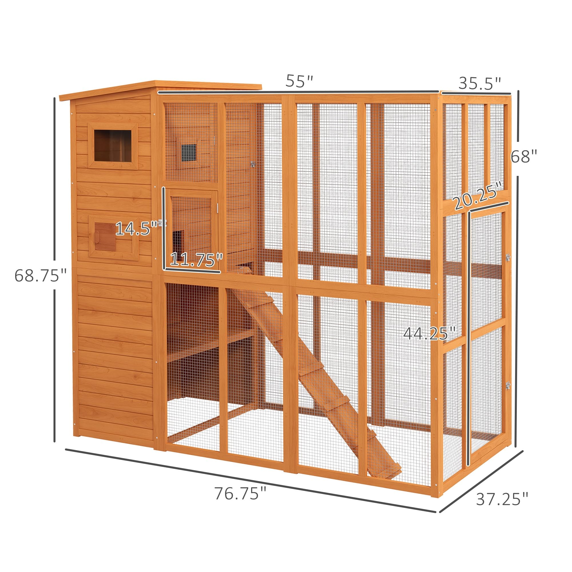 Pawhut Catio Outdoor Cat Enclosure, Wooden Cat Patio Cat Window Box With Platforms, Waterproof Asphalt Roof, Ramps, 77' L, Natural