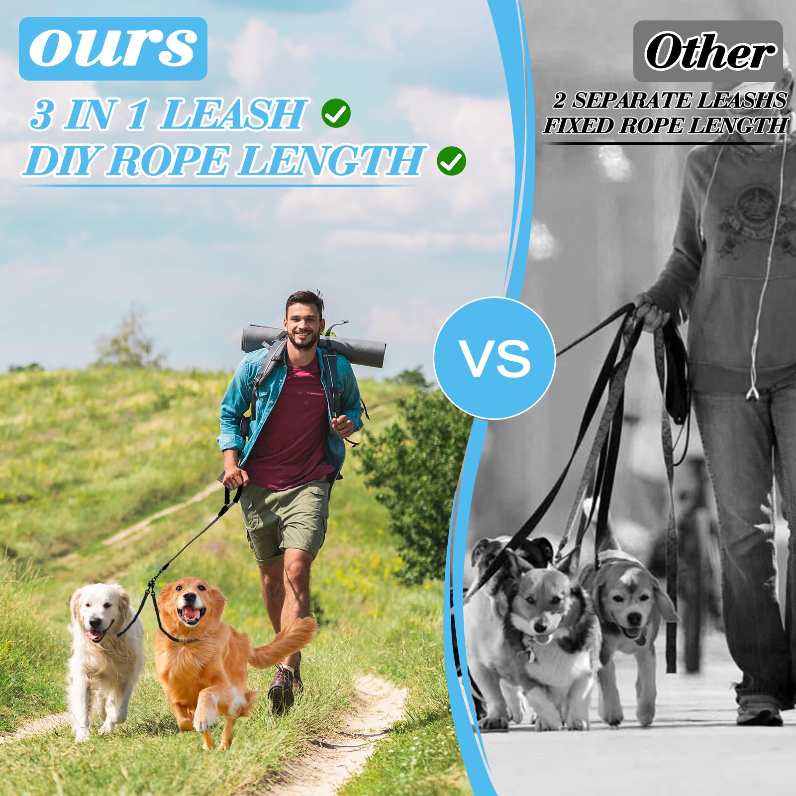 Dog Double Leashes,3-In-1 Pet Leash For Multiple Pets - Heavy Duty Dog Cat Lead With Reflective Stripes, Comfort Grip & Durable