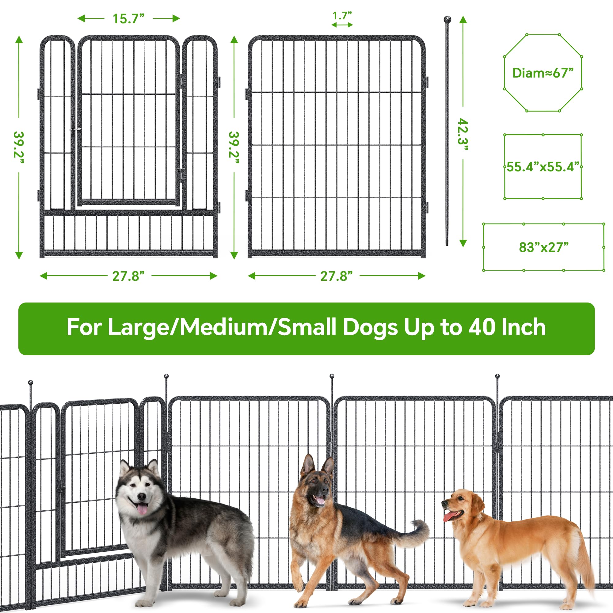 Mr Ironstone Dog Playpen With Anti-Rust Coating - 40'' Height 8 Panels Portable & Foldable Indoor/Outdoor Pet Fence For Large, M