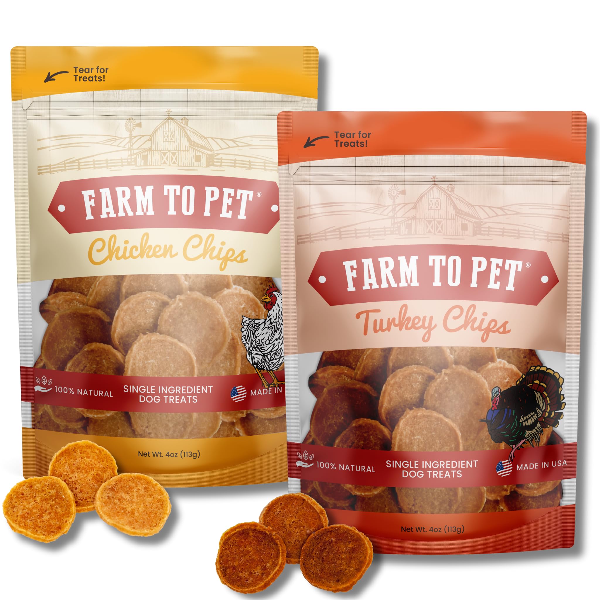 Farm To Pet - Dog Training Treats Chicken & Turkey Chip Protein Pack, 100% All Natural, Single Ingredient Training Treats, Made 
