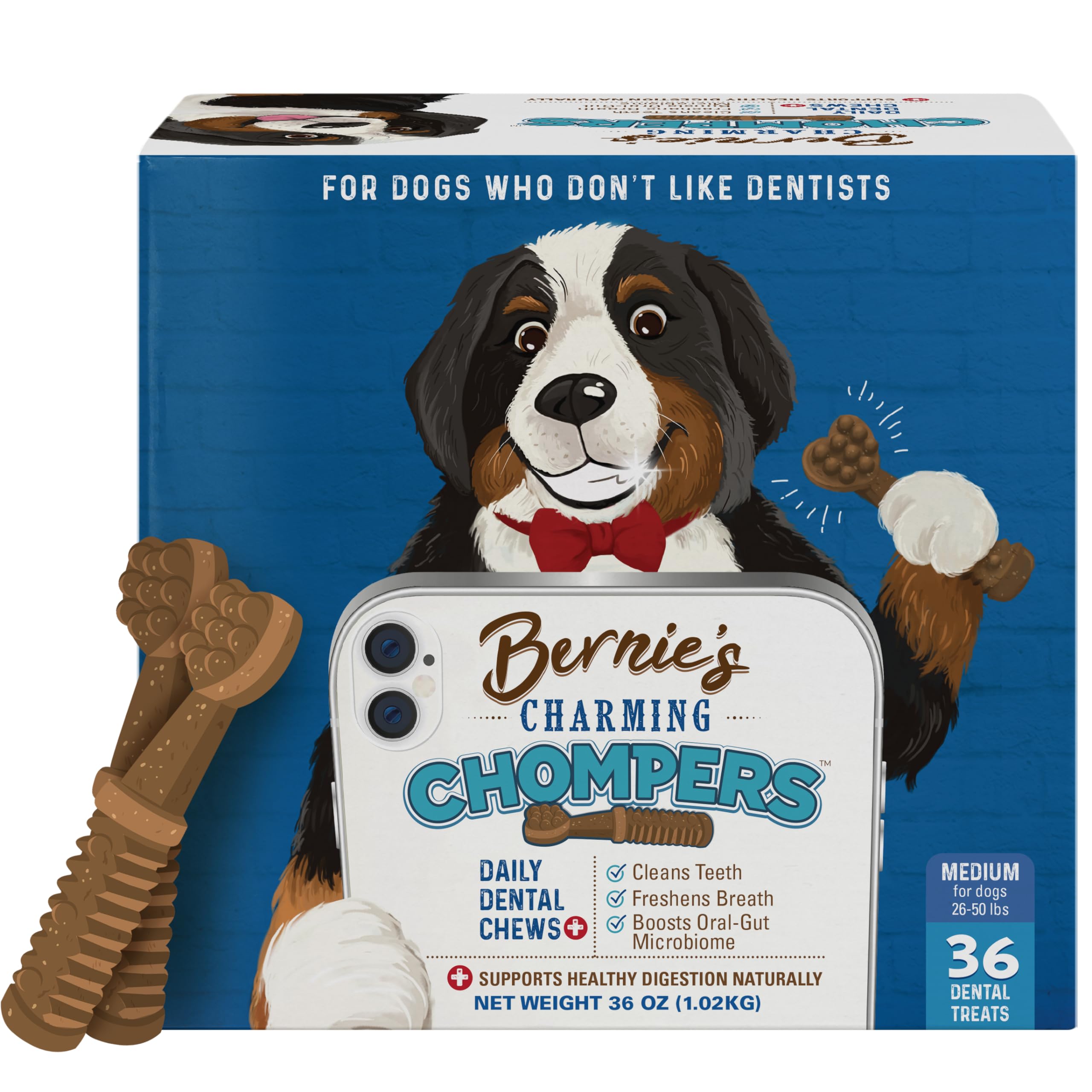 Bernies Charming Chompers - Daily Dental Chews for Dogs 26-50 Lbs. - 36 Count - Cleans Teeth, Freshens Breath, + Boosts Oral-Gu