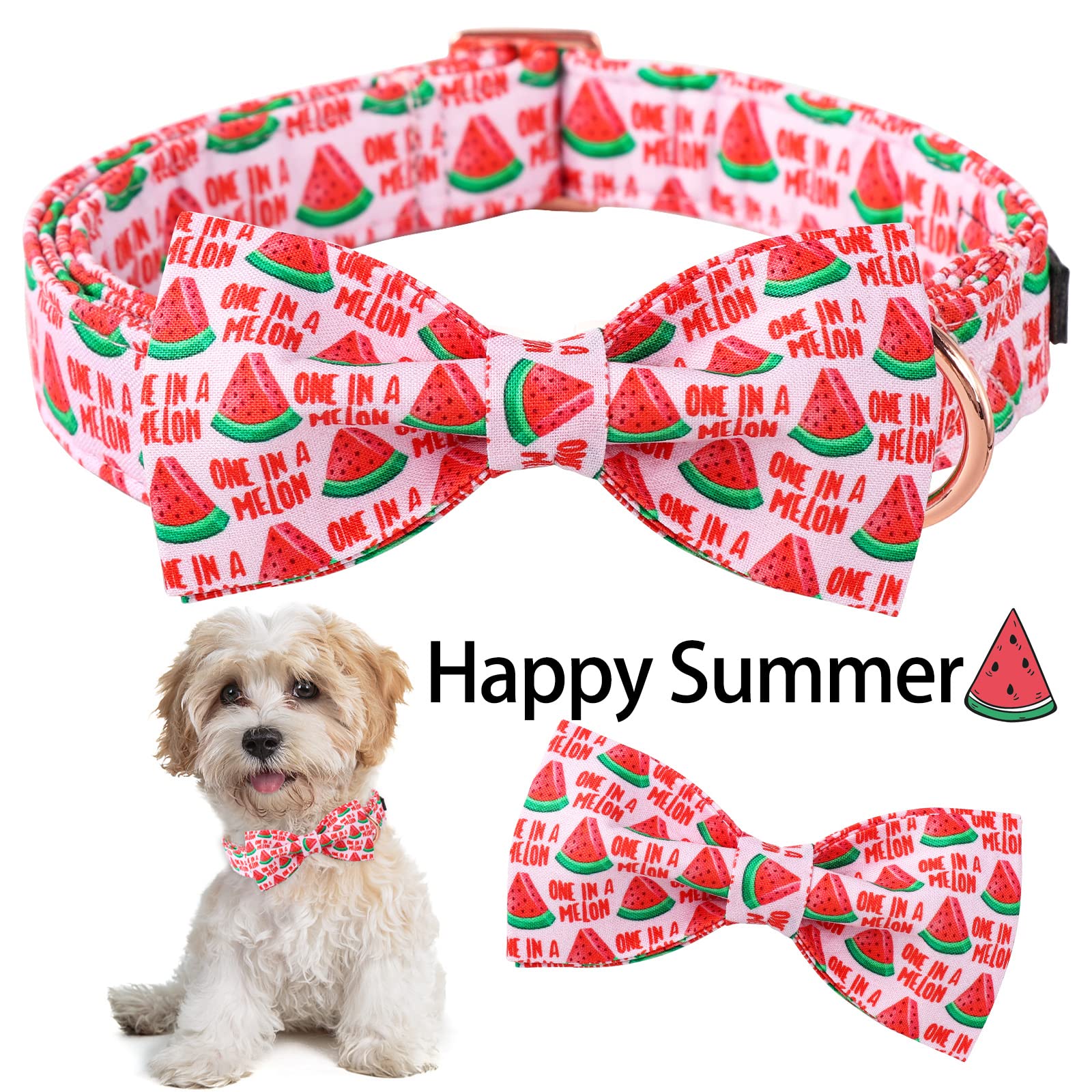 Aring Pet Summer Dog Collar - Pink Watermelon Dog Collar With Adjustable Cotton Bowtie And Metal Buckle