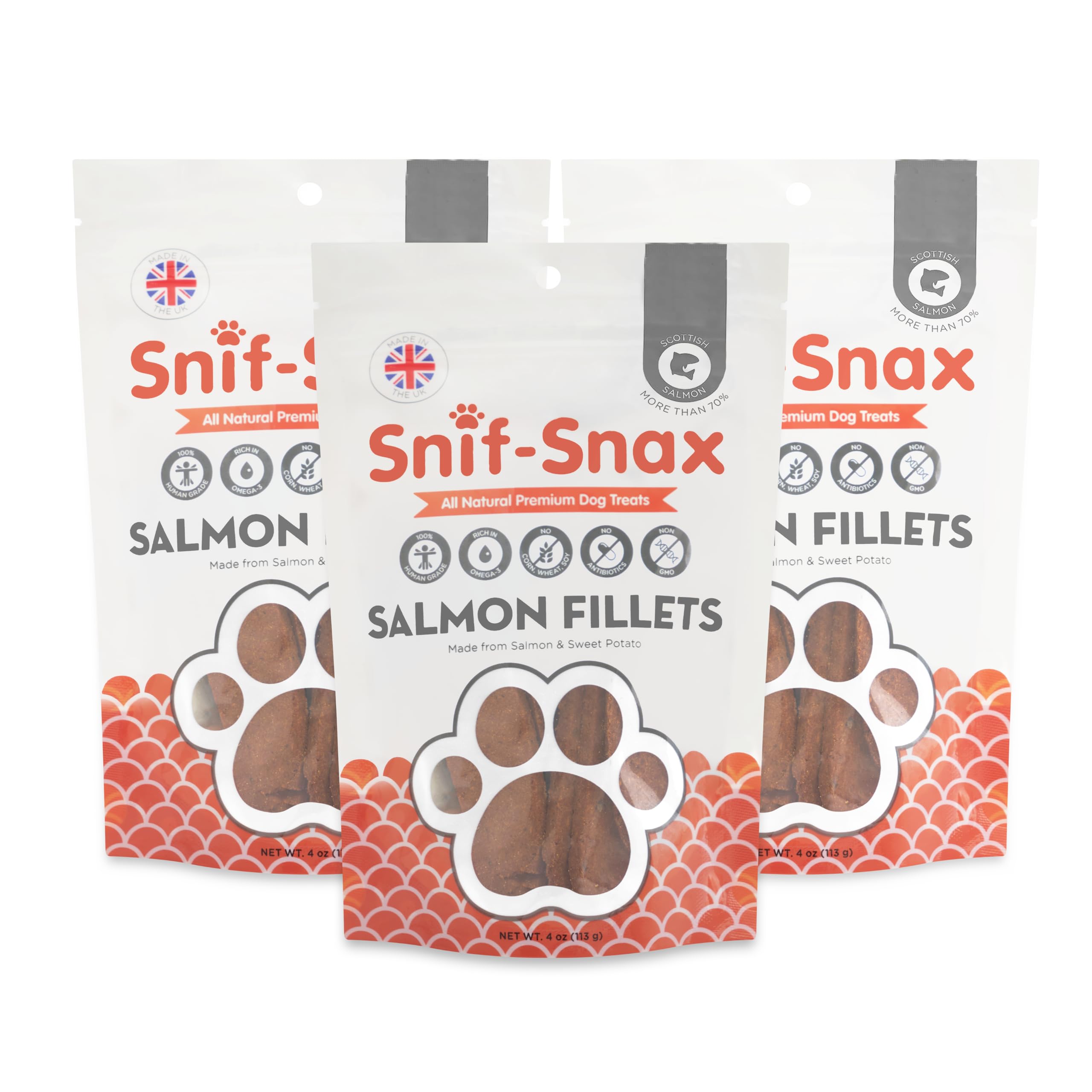 Snif-Snax Salmon Fillets Dog Treats 3 Pack - All Natural Human Grade Grain Free Training & Reward - High Protein Salmon Sticks f