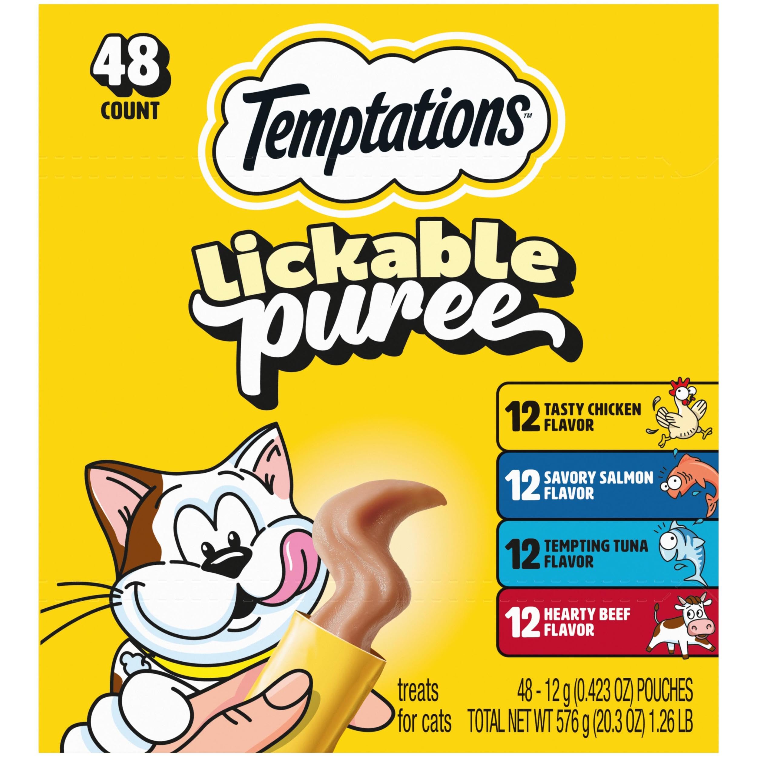 Temptations Creamy Puree Squeezable Lickable Cat Treats, Wet Cat Treats with Beef, Salmon, Chicken, and Tuna Variety Pack, 0.42 