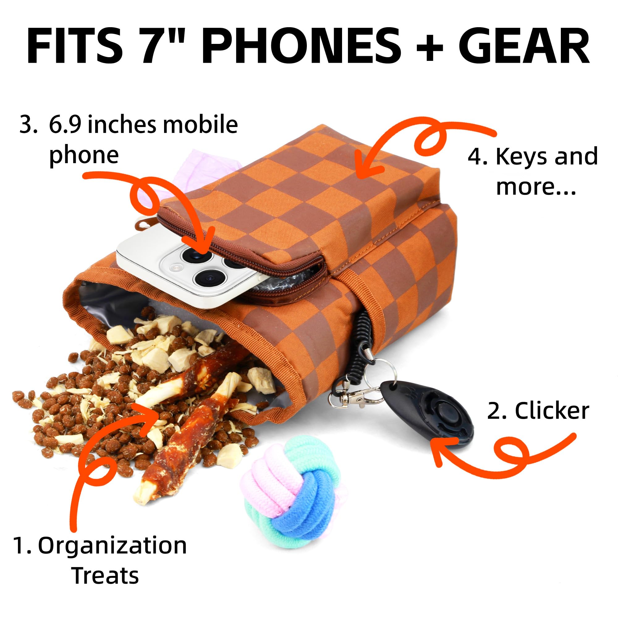 CAISATEQ Pro Dog Trainer Sling Bag: Waterproof Oxford, 1-Hand Access & Phone Pocket | Includes Clicker/Bowl (Checkerboard Brown)
