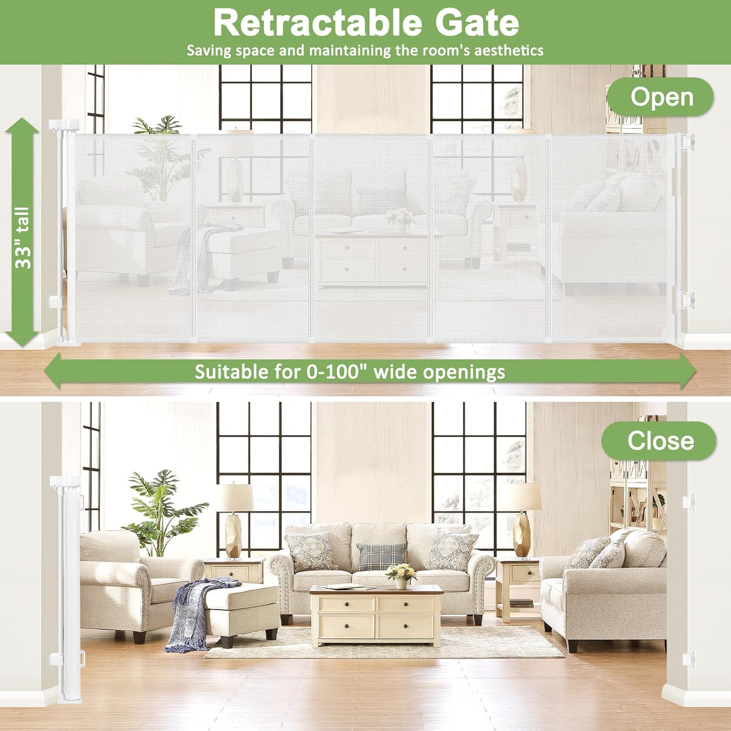 Reinforced 100 Inch Retractable Baby Gates for Doorways Extra Wide Baby Gates for Large Openings with Support Rods Retractable B