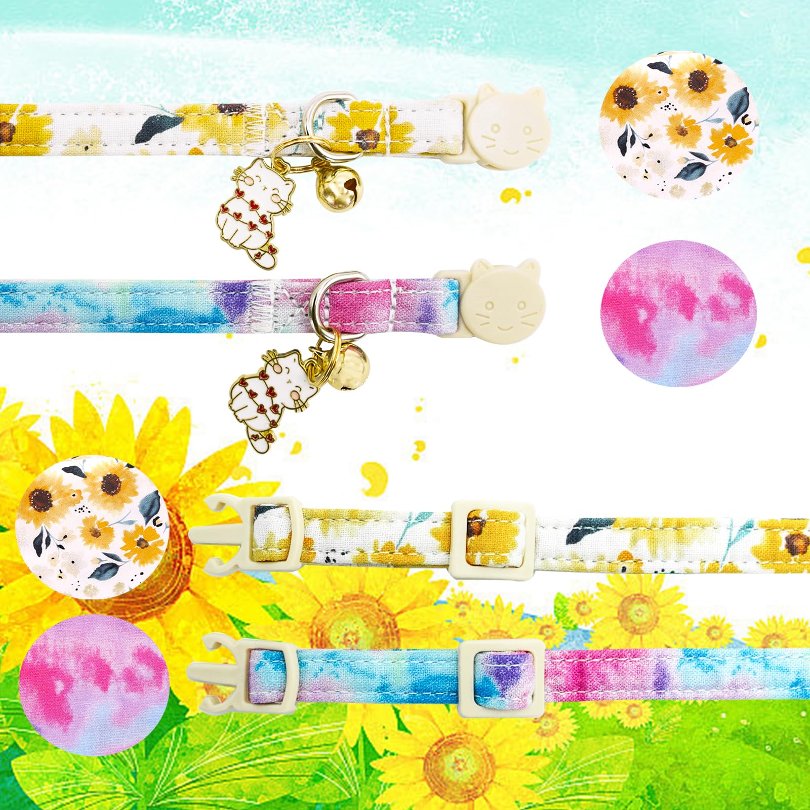 Elegant Little Tail 2 Pack Cat Collar- Sunflower Print Cotton Breakaway Cat Collars With Bell Pendant Kitten For Girl Safety Adj