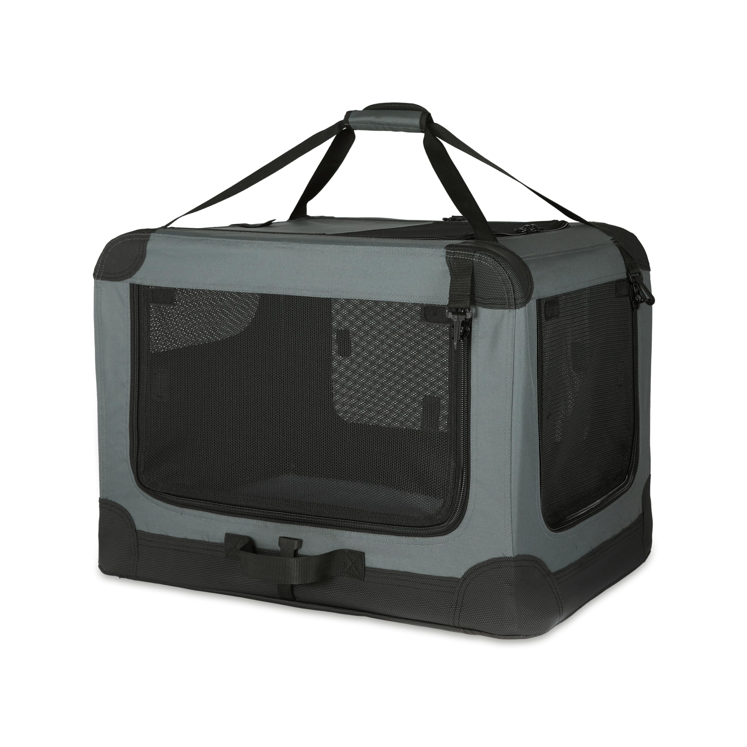 Amazon Basics 4-Doors Portable Soft-Sided Folding Travel Crate Kennel For Cat, Dog, And Other Small Animals, Grey, M 30'' X 21''