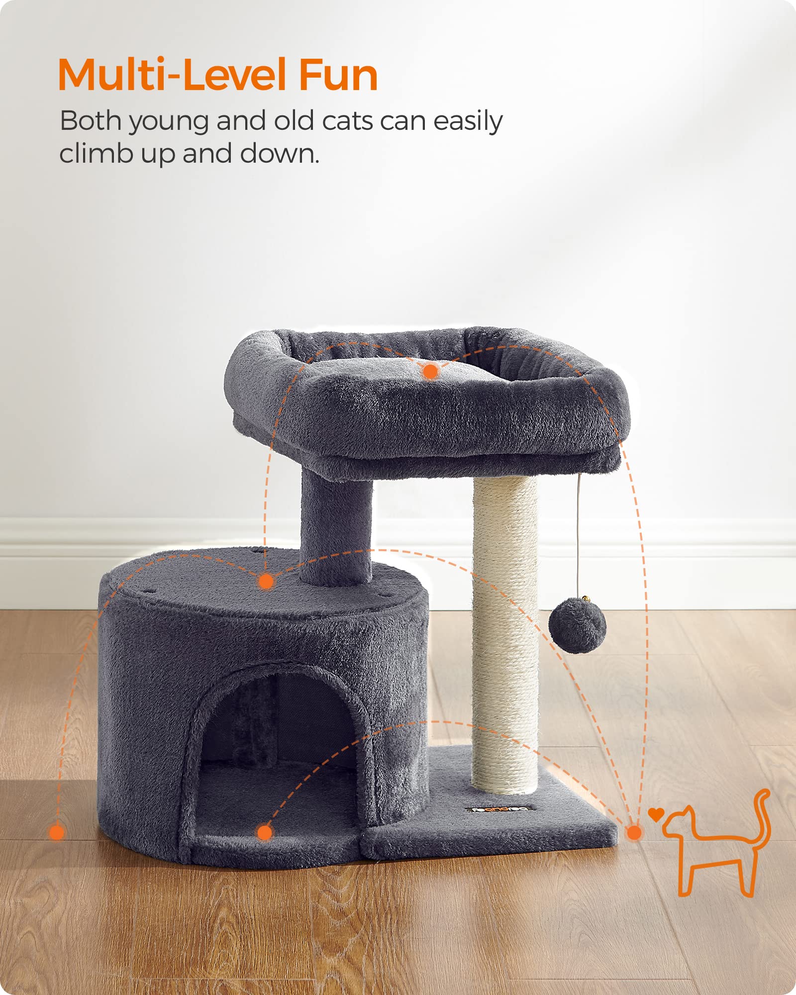 Feandrea Cat Tree, Cat Tower With Sisal-Covered Scratching Post, Cat Condo With Padded Perch, For Small Spaces, Kittens, Smoky G
