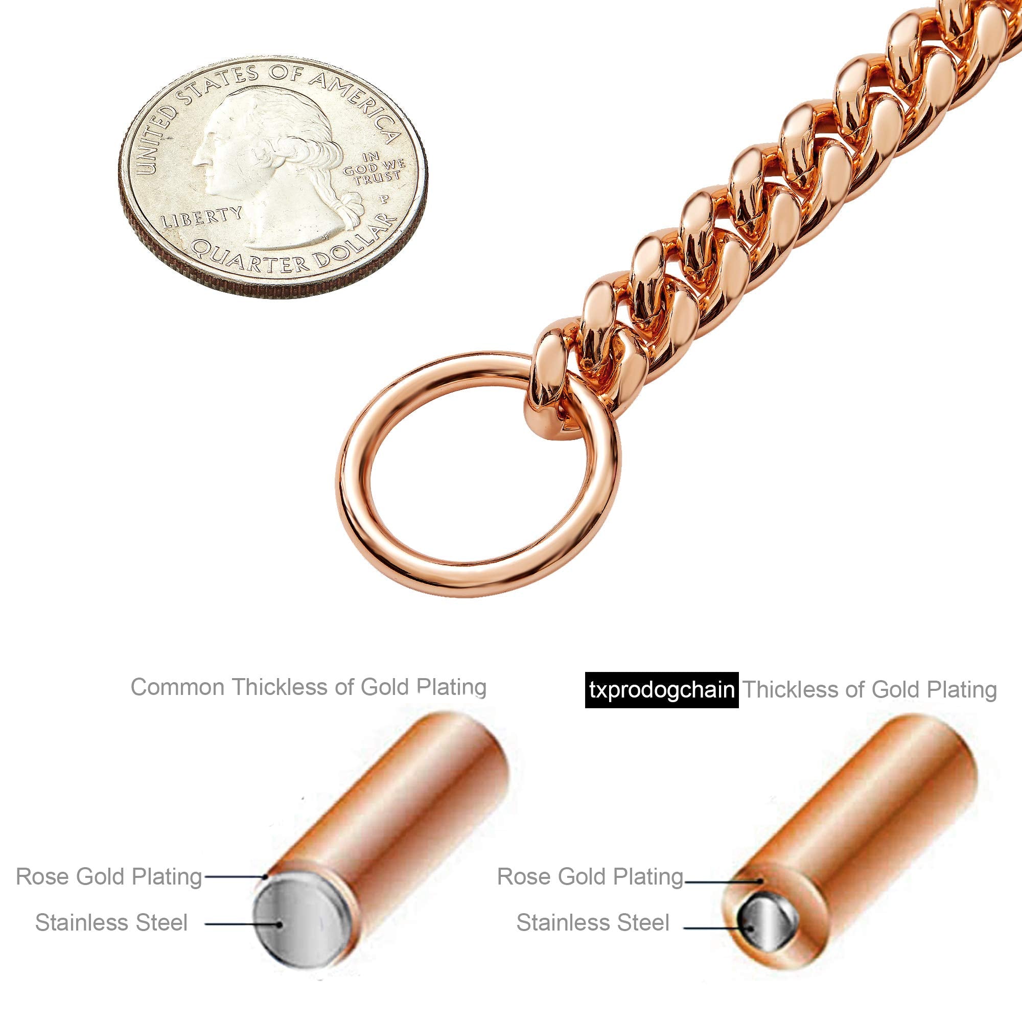 txprodogchains Rose Gold Cuban Link Dog Collar - Stainless Steel, 22" (Fits 18"-20") for Small to Large Dogs