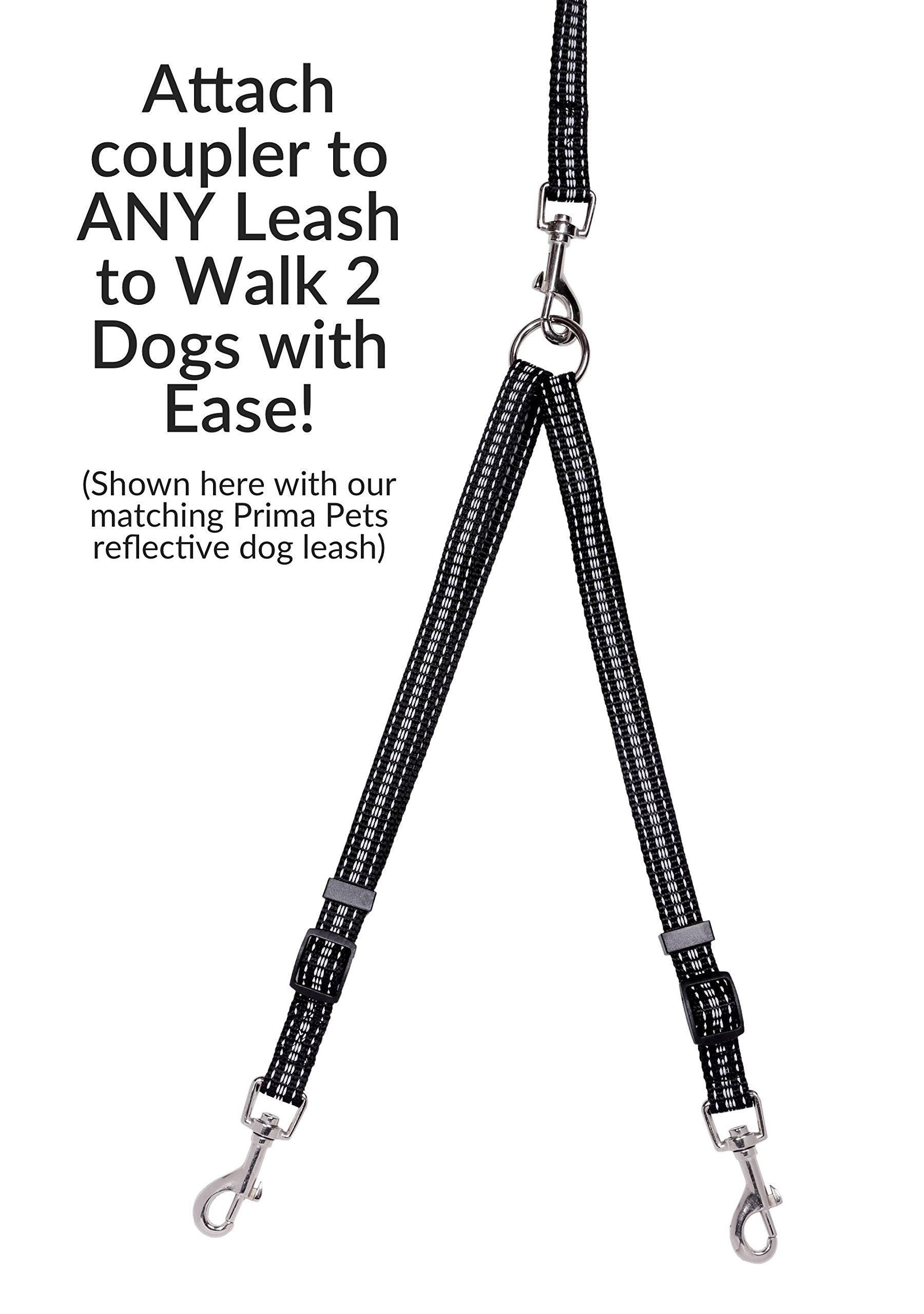 Prima Pets No Tangle Reflective Dog Leash Coupler - Double Dog Walker And Trainer Leash - Two Dogs Adjustable Splitter Lead - Each Side Adjusts 11' To 20' In Length (Small - 5/8' Width, Black)