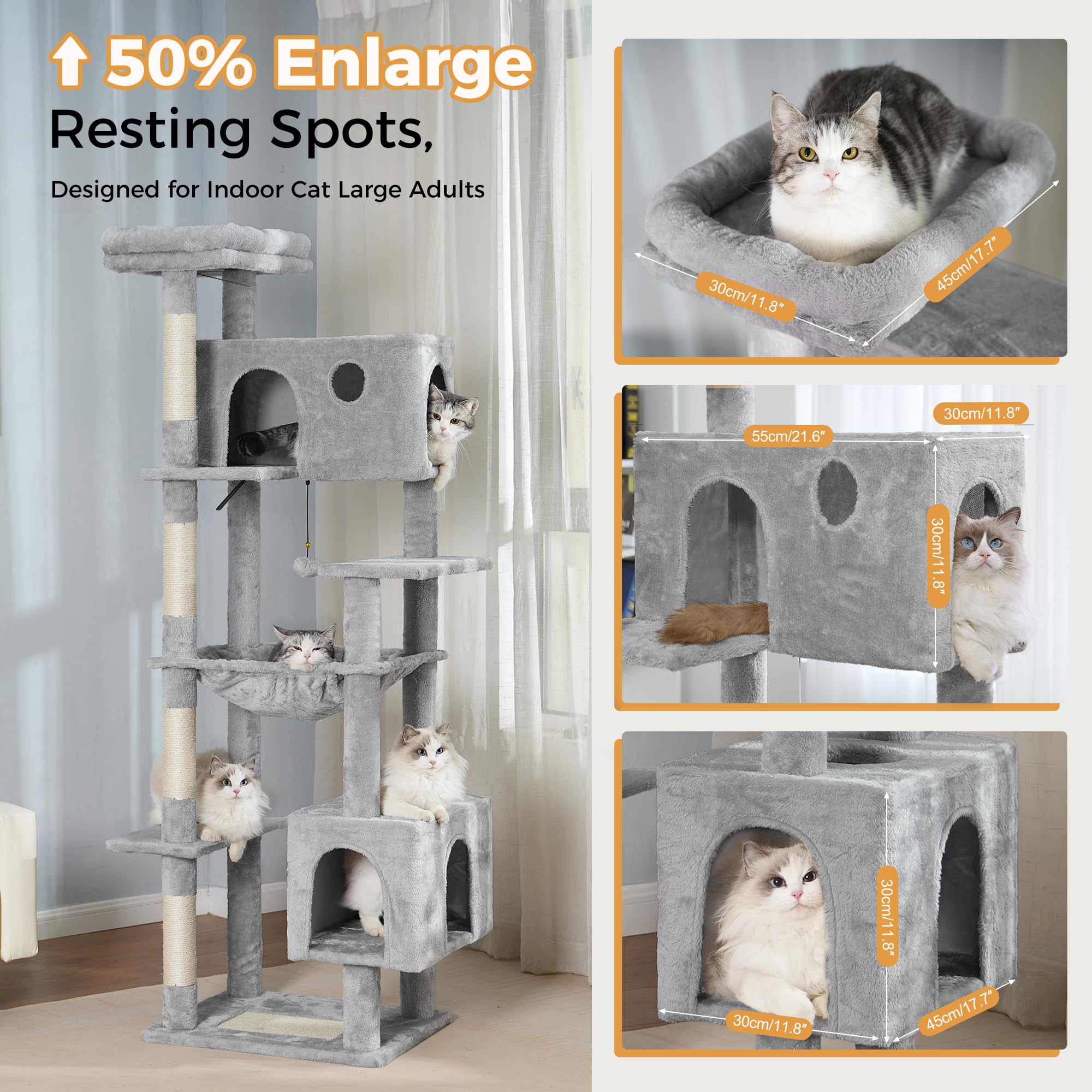 Meowrista Tall Cat Tree For Indoor Cat Large Adults 54   /72    Cat Tower With Hammock21.6X17.7   Spacious Condo And Roomy Top B