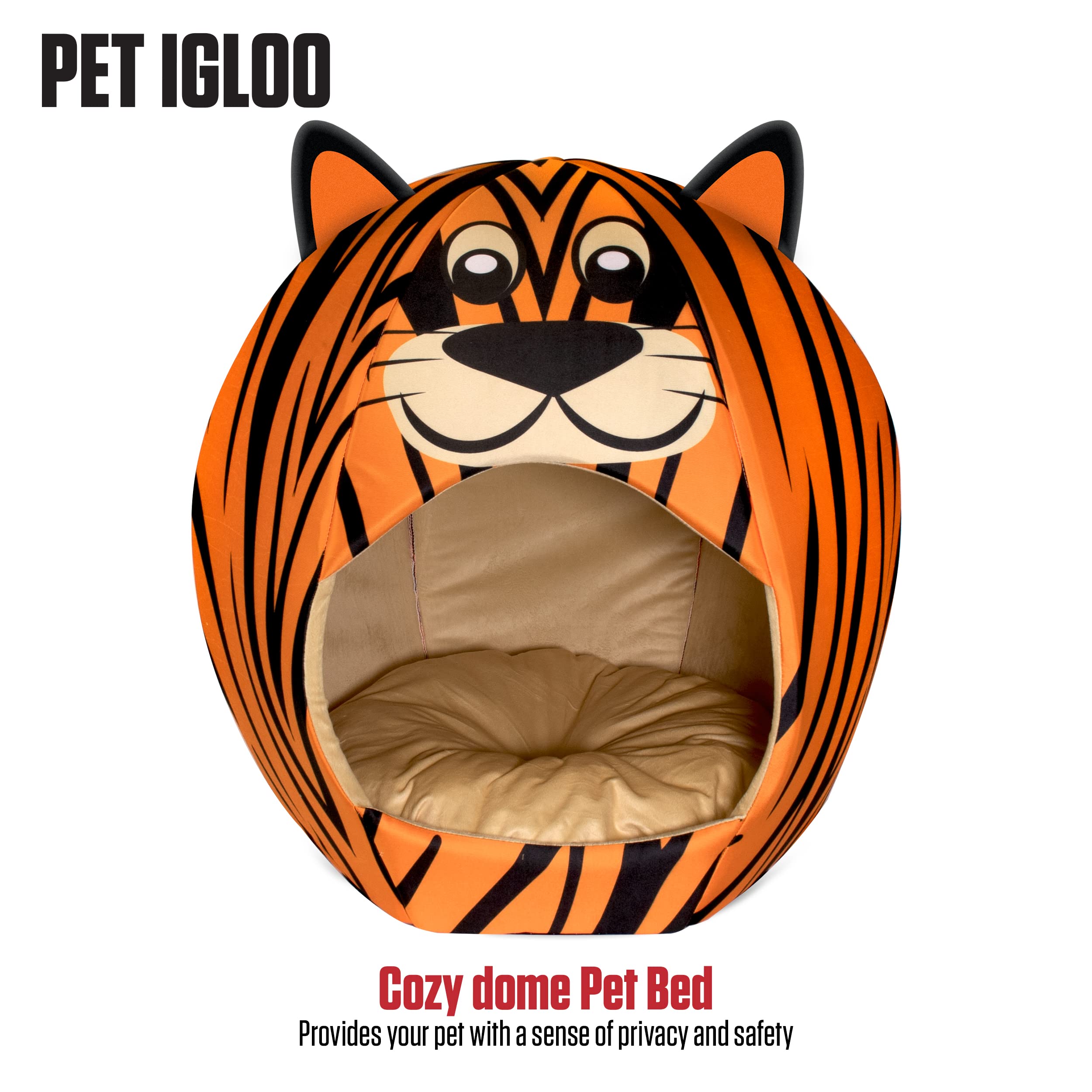Maccabi Art Tiger Theme Dog Bed - Cute Igloo Style Pet Bet - Fits Medium Dogs, Puppies, Cats - Pillow Insert With Plush Lined In