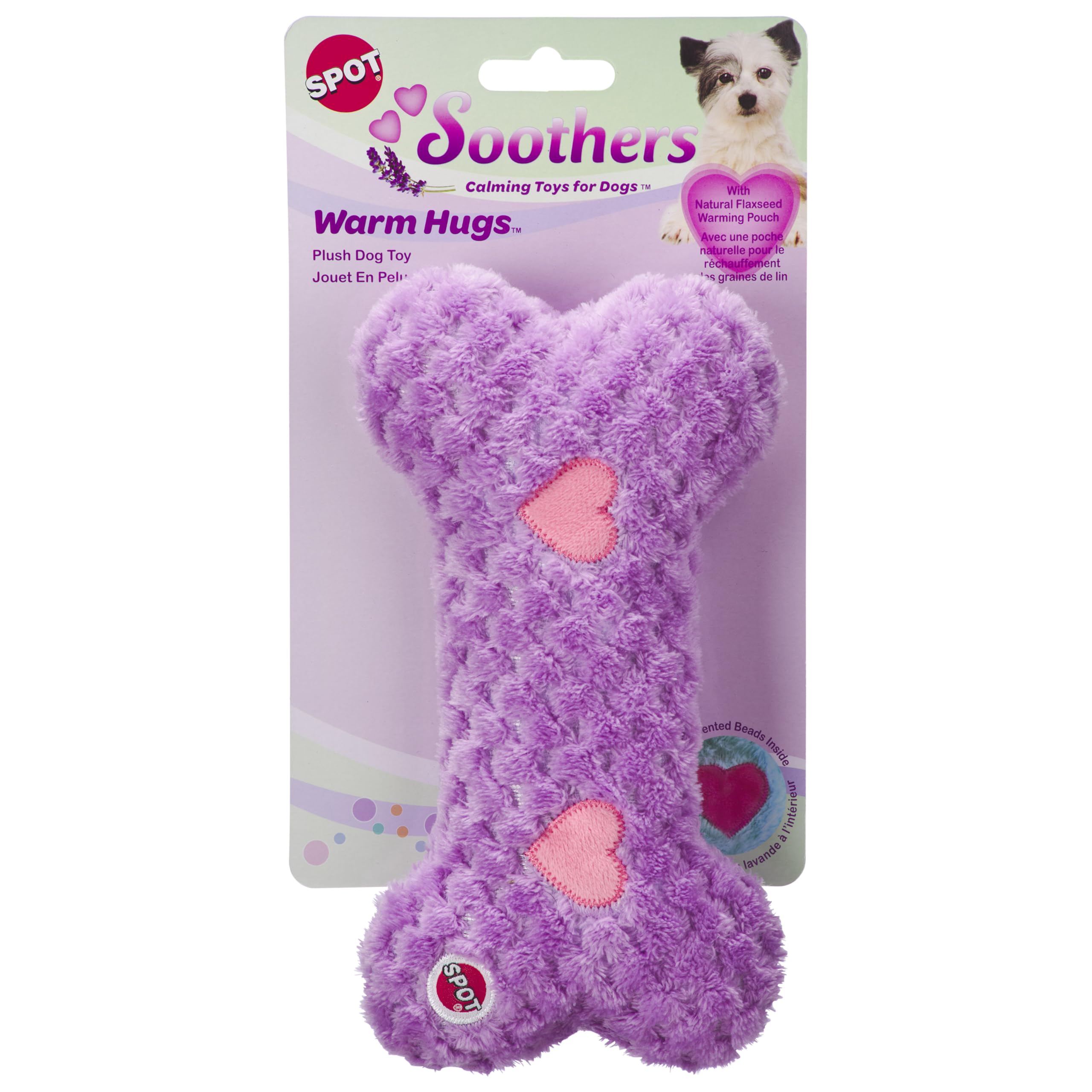 Spot Soothers Warm Hug Bone - Calming Plush Dog Toy With Lavender Scented Beads, Removable Squeaker, Microwavable Warming Pouch,