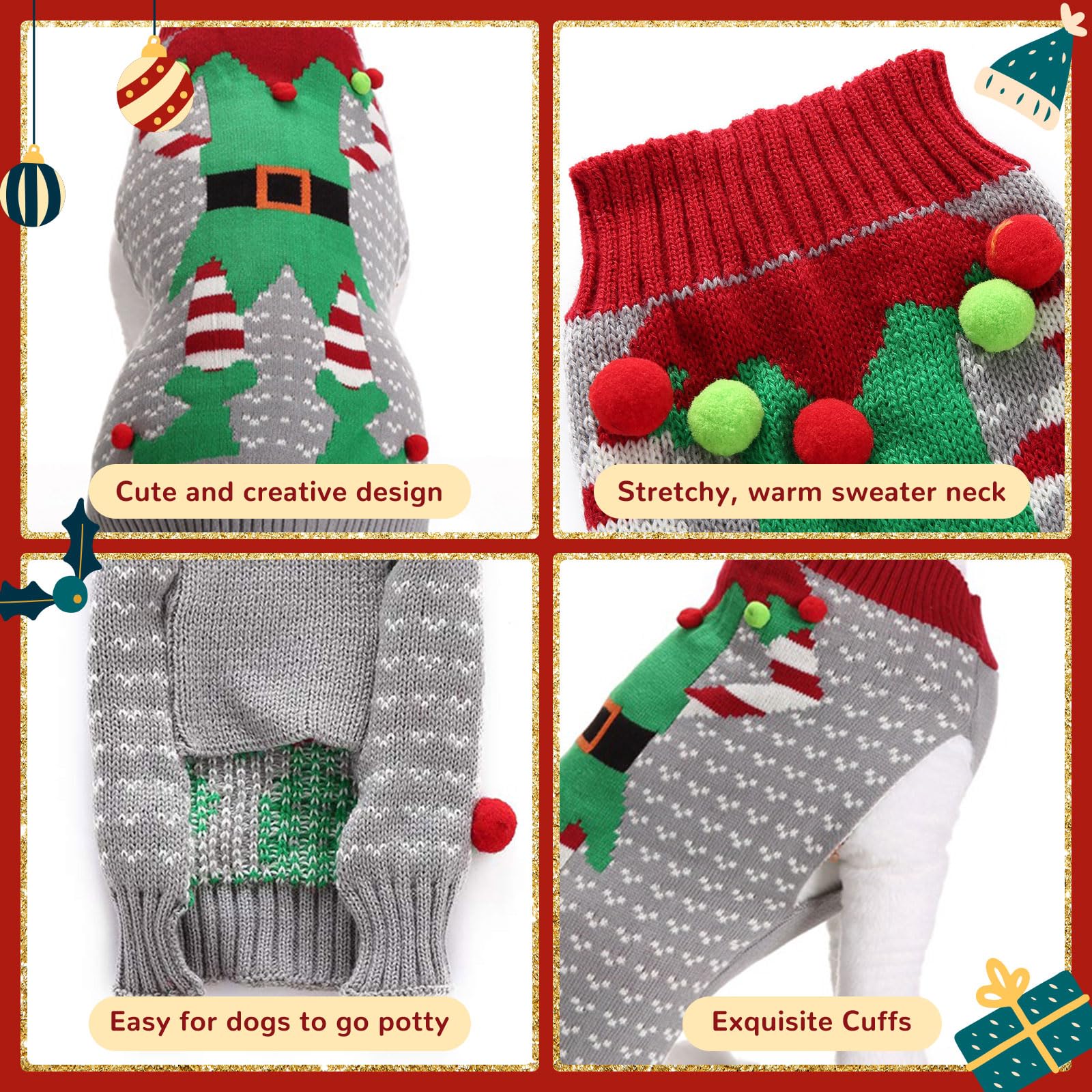 Axiijgl Christmas Dog Costume - Elf Outfit For Small Dogs, Gray Pullover With Leash Hole, Perfect For Dachshund, Chihuahua, Fren