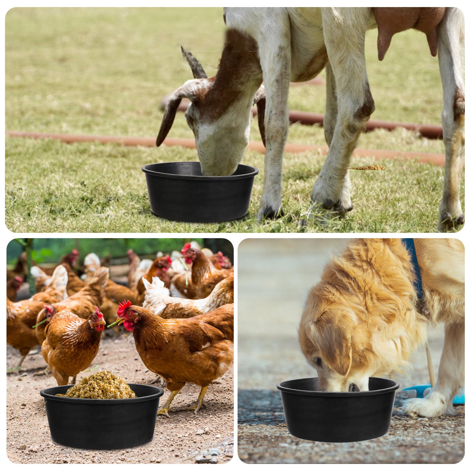 4 Pcs Rubber Feed Pan, 4 Quart 10.6 x 4.1 Inche Livestock Feeding Bucket, Dust Bath Container, Durable Utility Bowl for Horse Ca