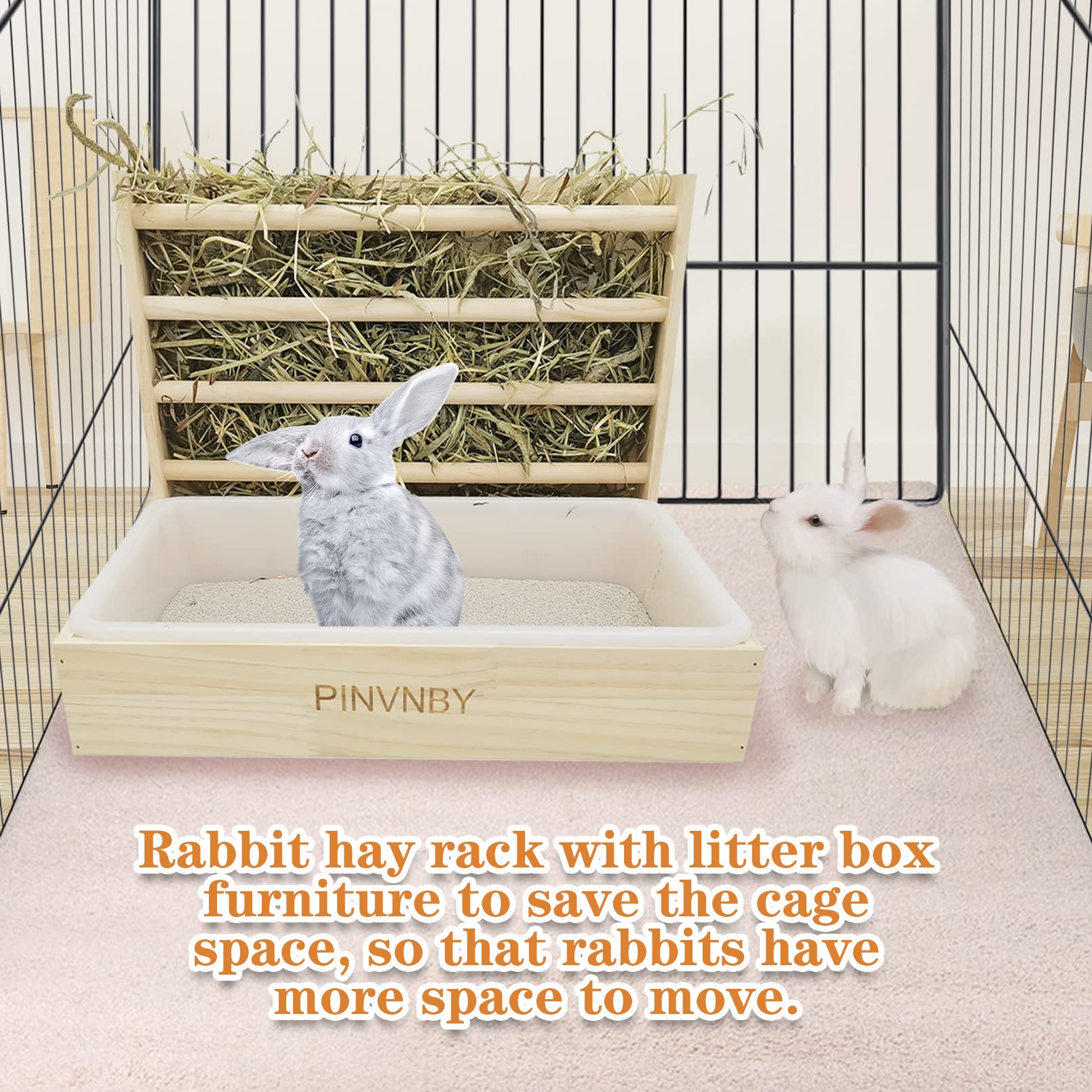 PINVNBY Bunny Hay Rack with Plastic Litter Box, Rabbit Grass Manger Holder, Guinea Pig Wooden Feeder and Toilet Set, Practical R