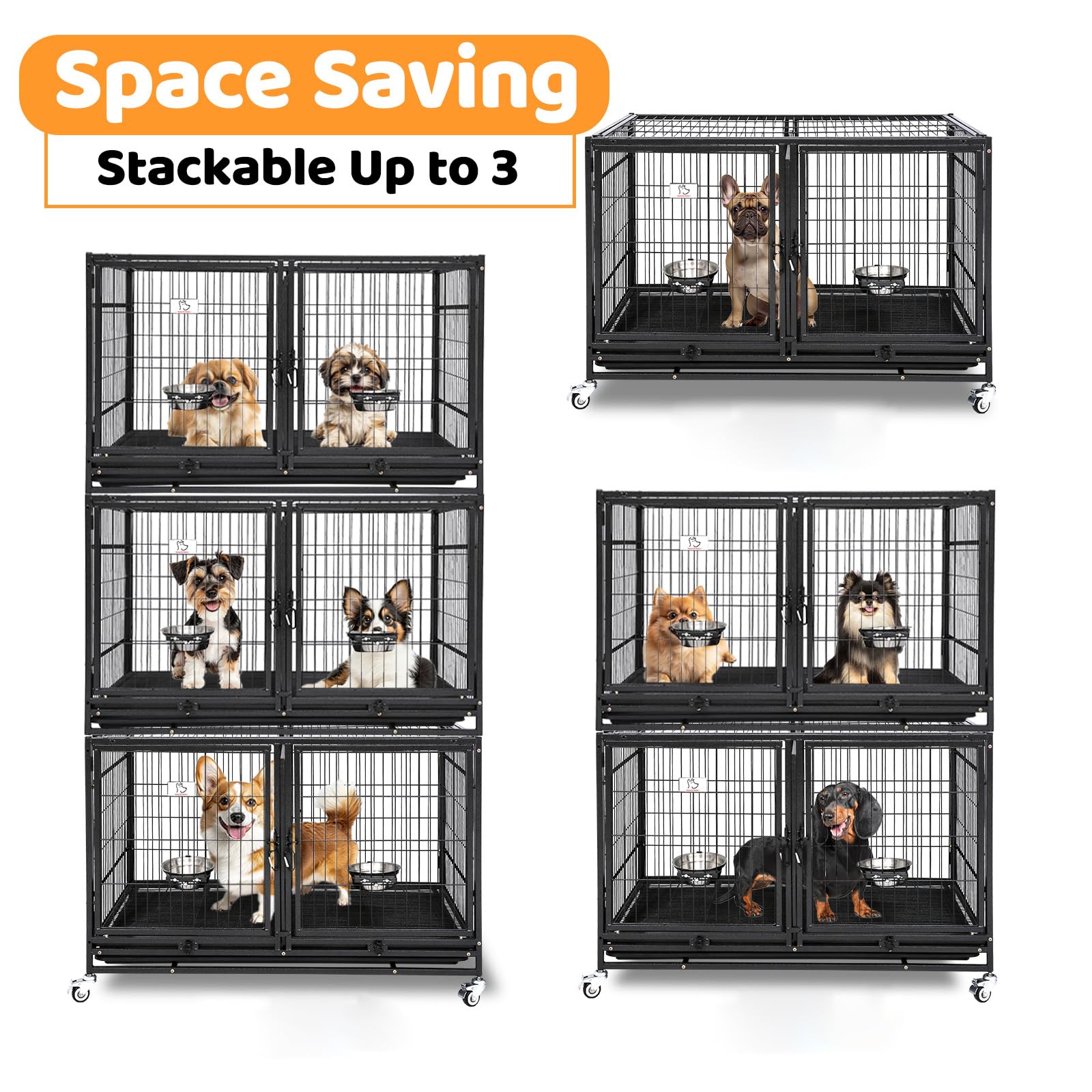Homey Pet 43 inch Dog Crate Stackable Heavy Duty Dog Kennel Indoor Dog Grooming Cage with Detachable Divider, Removable Tray, Wh