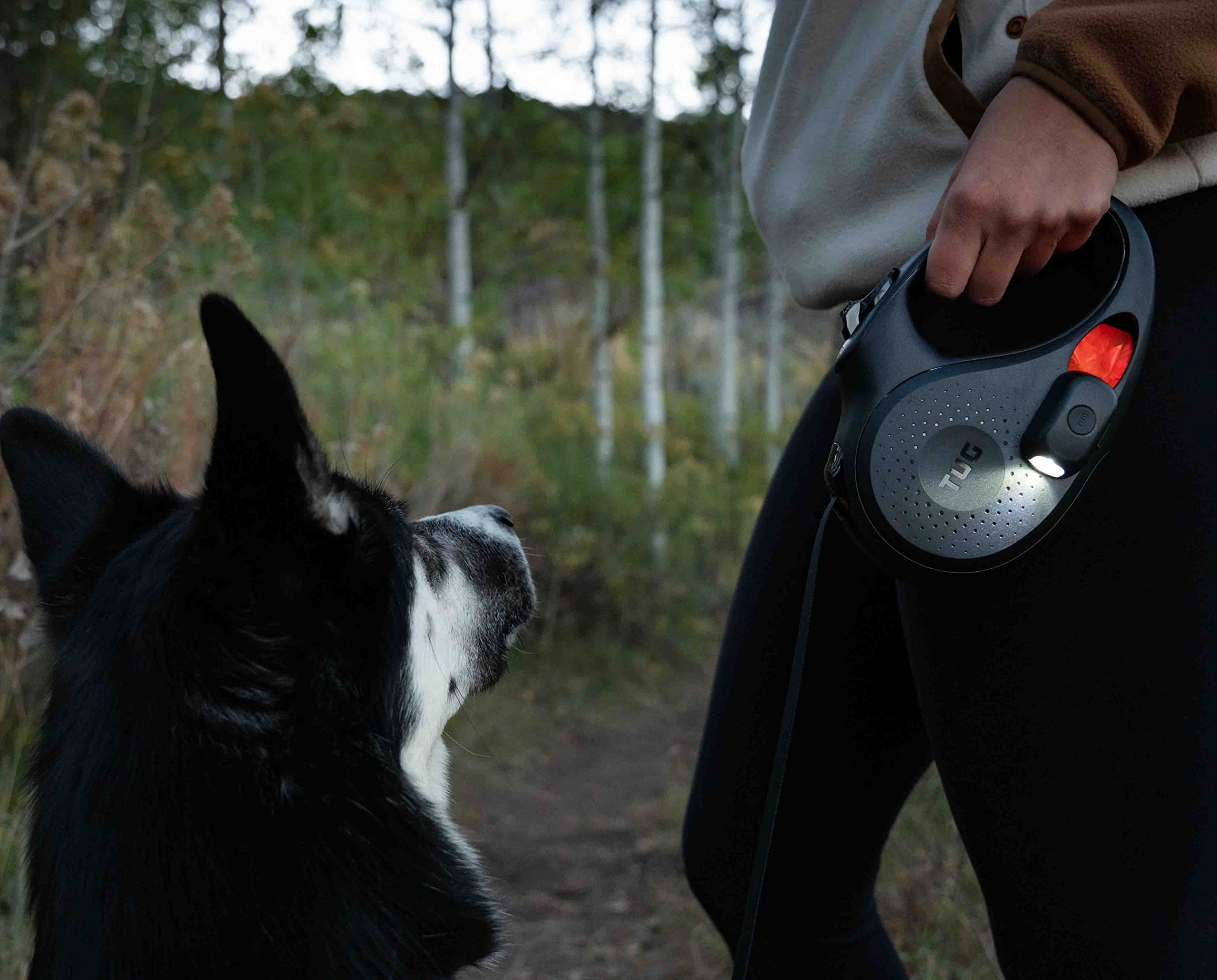 Tug Oval 360 Tangle-Free Retractable Dog Leash | Flashlight Included | Integrated Waste Bag Dispenser Pocket (Medium, Black)