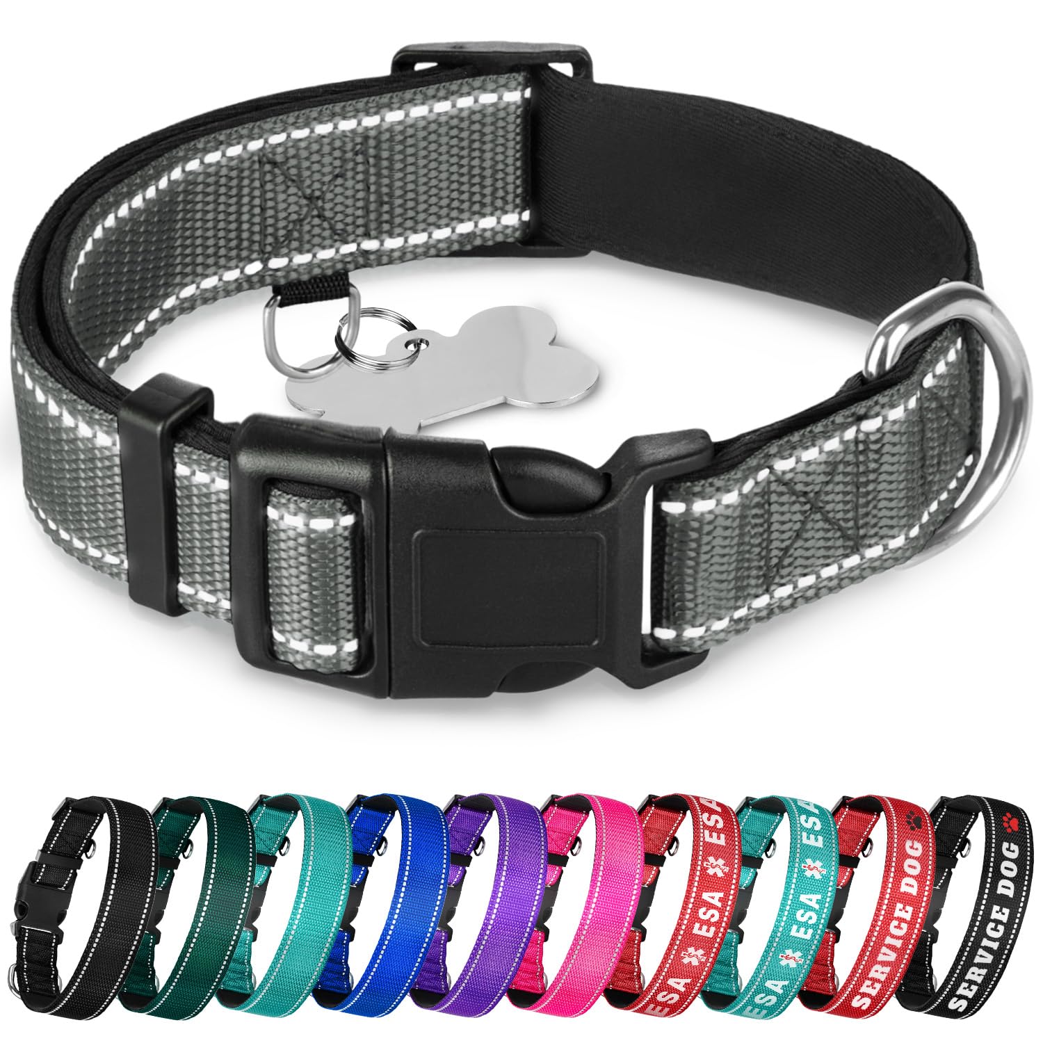 Teceum Reflective Pet Collar - Gray - Xl - Extra Soft Padding - Basic Nylon Dog Collar - Quick Release Buckle - Fits Small, Medi