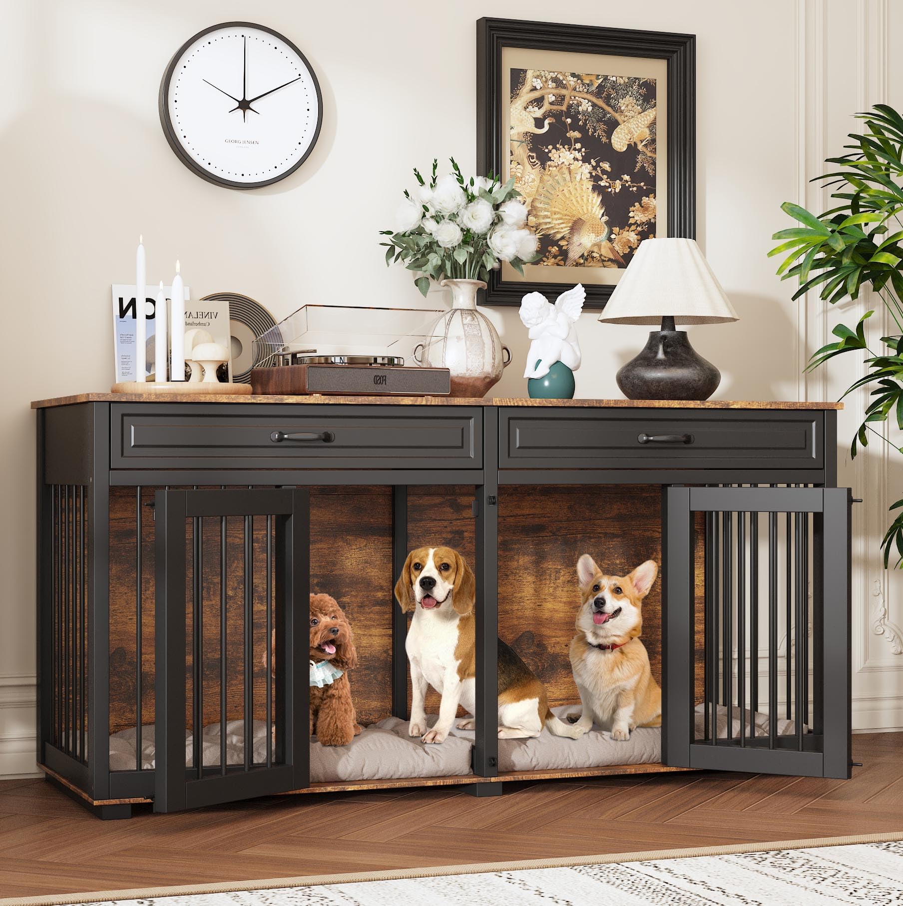 DAWNSPACES Furniture Style Dog Crate Extra Large 93  Heavy Duty Double Rooms Dog Kennel with Drawers & Removable Divider, Indoor