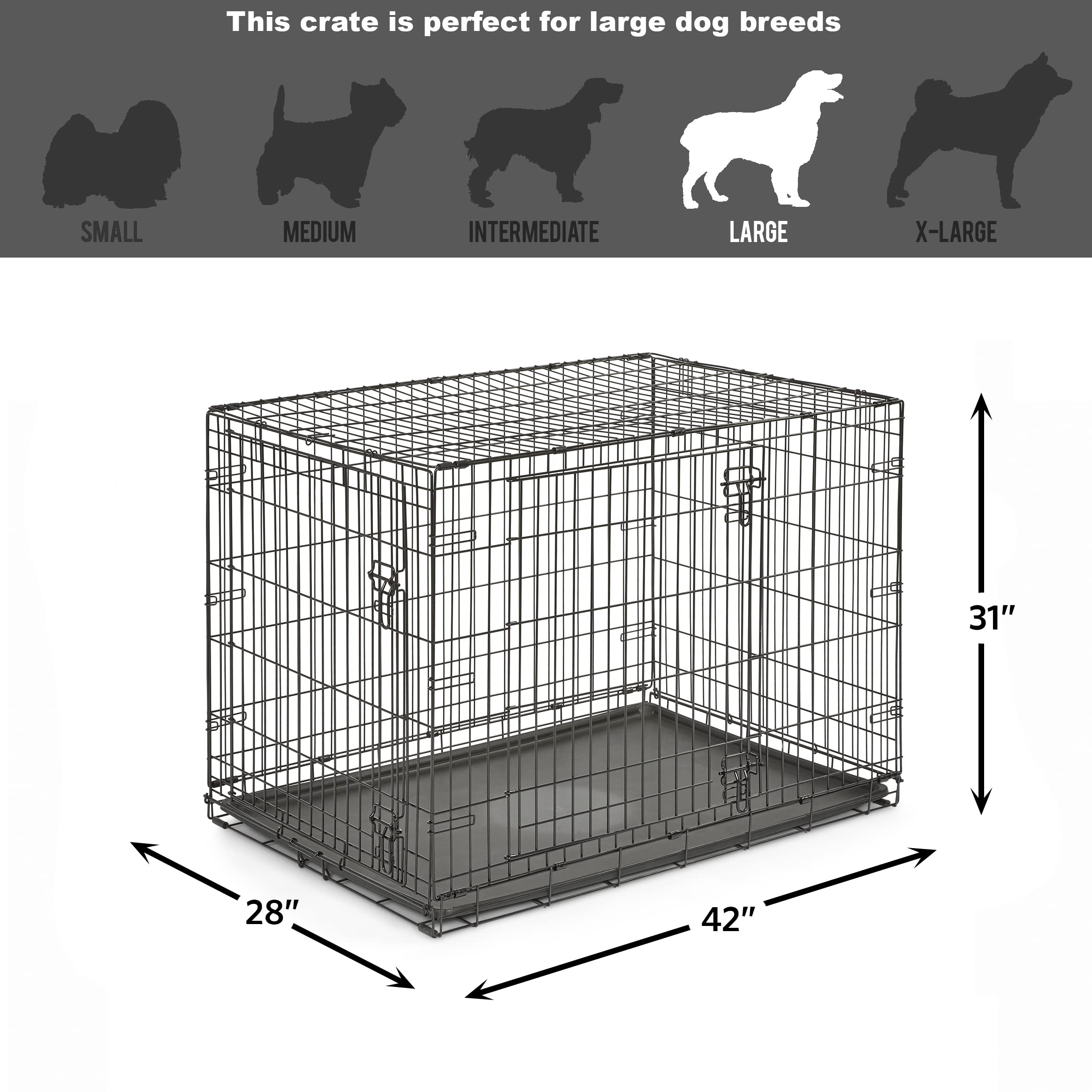 New World Pet Products Dog Crate, 42" L x 28" W x 31" H, Black, Double Door, Leak-Proof Pan, Model B42DD, Enhanced Features