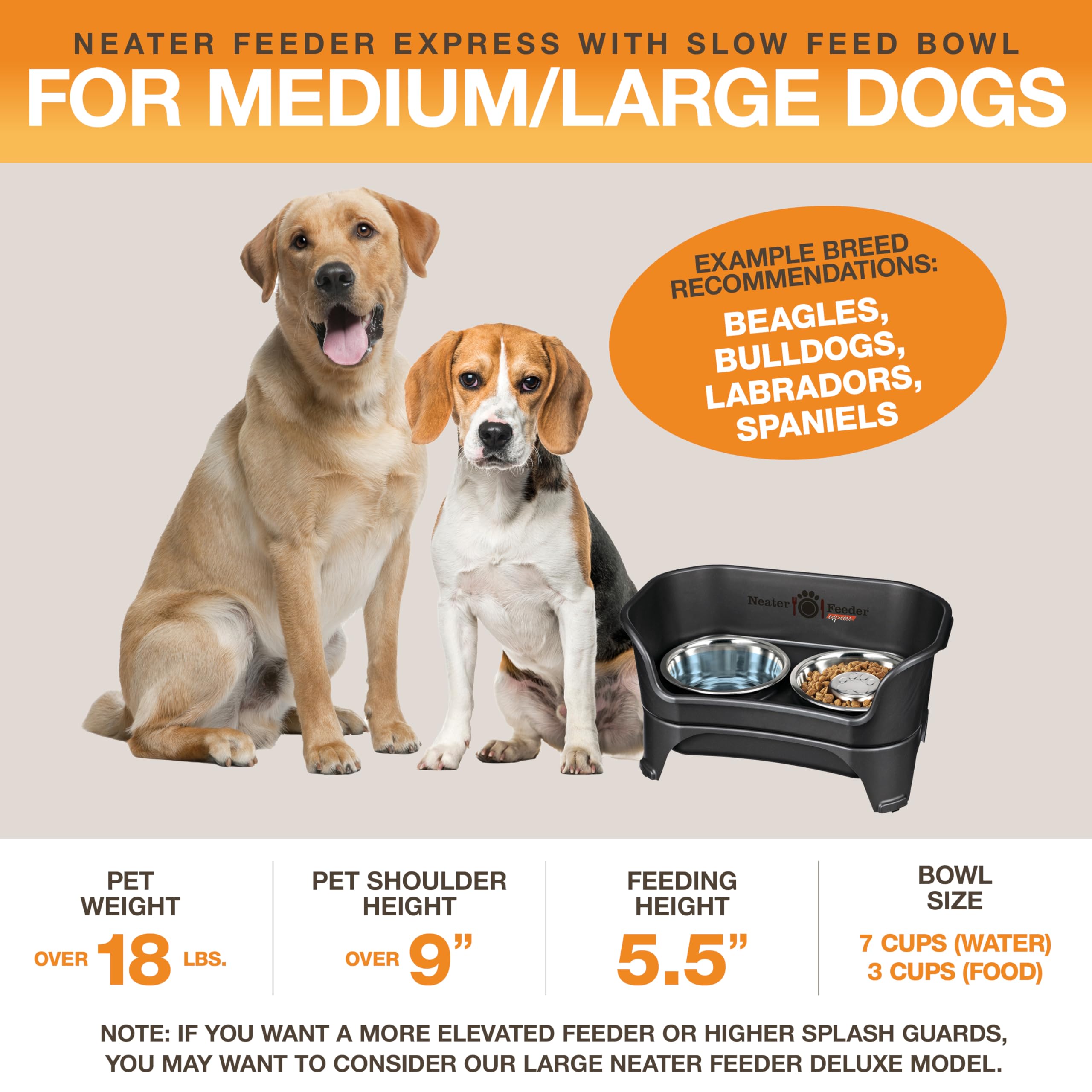 Neater Feeder - Express Model W/ Slow Feed Bowl - Mess-Proof Dog Bowls (M/L, Black) Made In Usa - Elevated, No Spill, Non-Tip, N