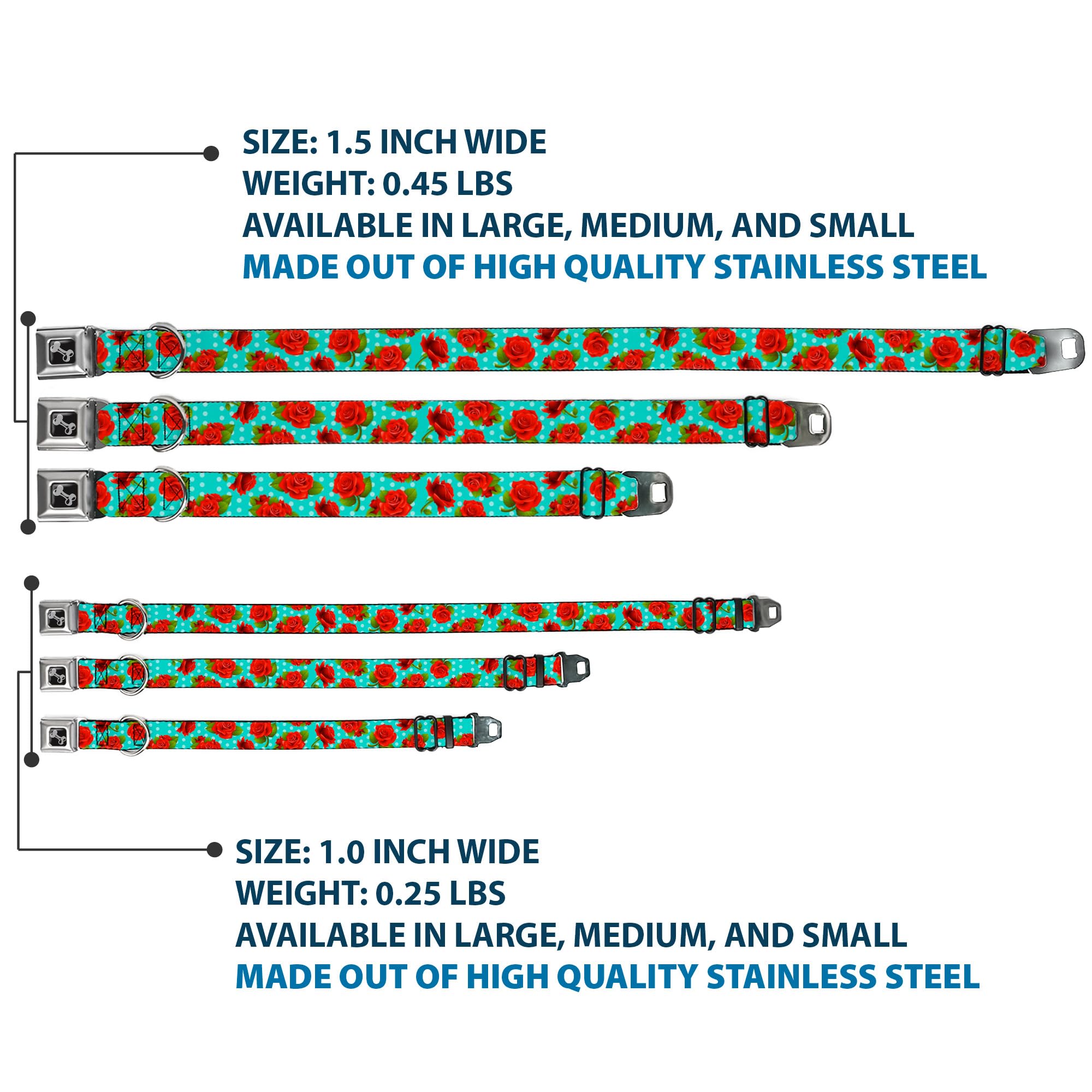 Dog Collar Seatbelt Buckle Red Roses Polka Dots Turquoise 15 To 26 Inches 1.0 Inch Wide