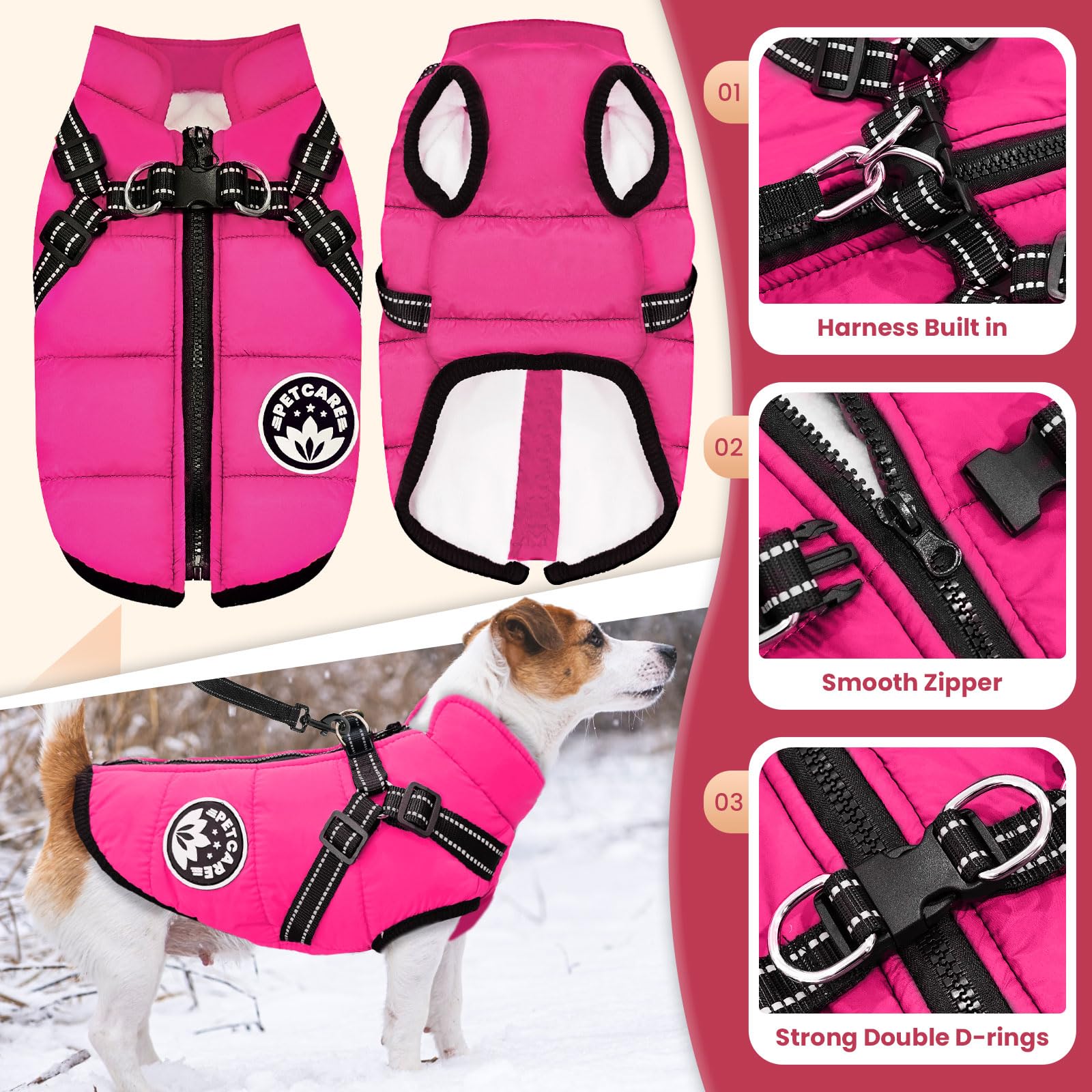 Petcare Winter Dog Coat - Built-In Harness, Waterproof, Warm Fleece Vest, Snowsuit, Reflective, Cold Weather Coats - Small To La