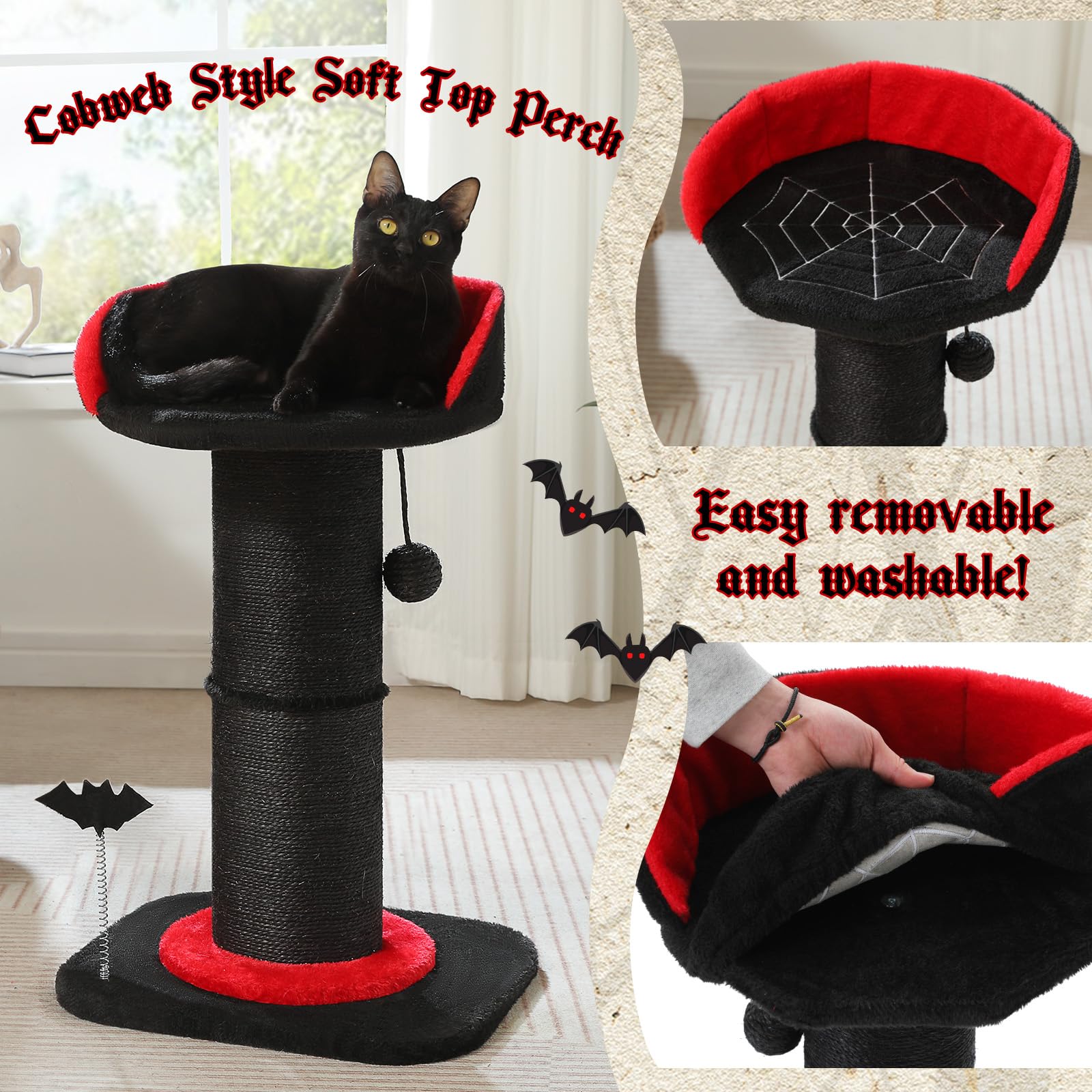 Pequlti Cat Scratching Post, Gothic Cat Tree, Tall Scratcher For Indoor Cats With Super Thick Scratching Post [Dia=5.5''], Remov