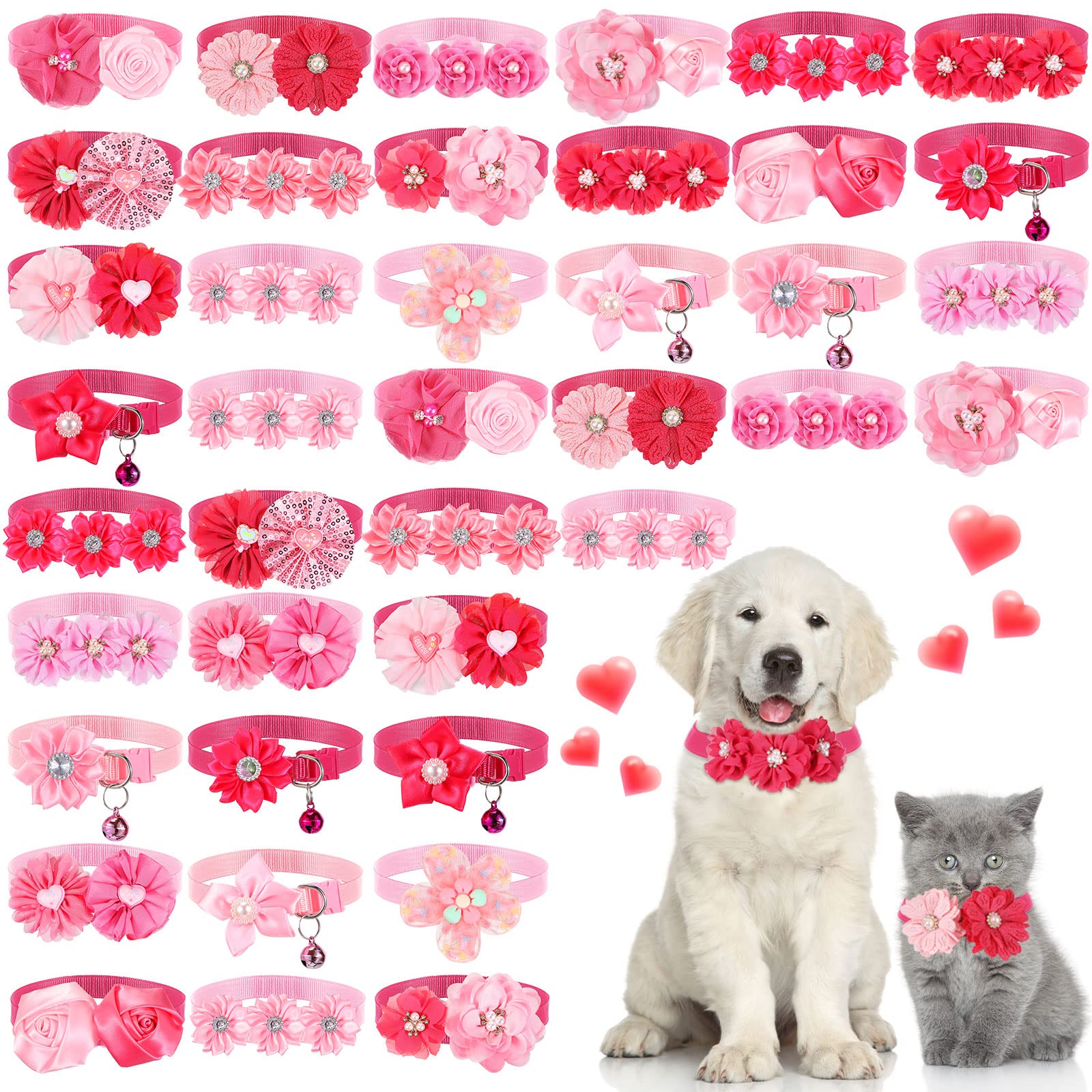 Tudomro 40 Pcs Dog Collar Flowers Puppy Bows Adjustable Small Middle Dogs Cats Rose Dog Accessories Embellishment Decor For Part