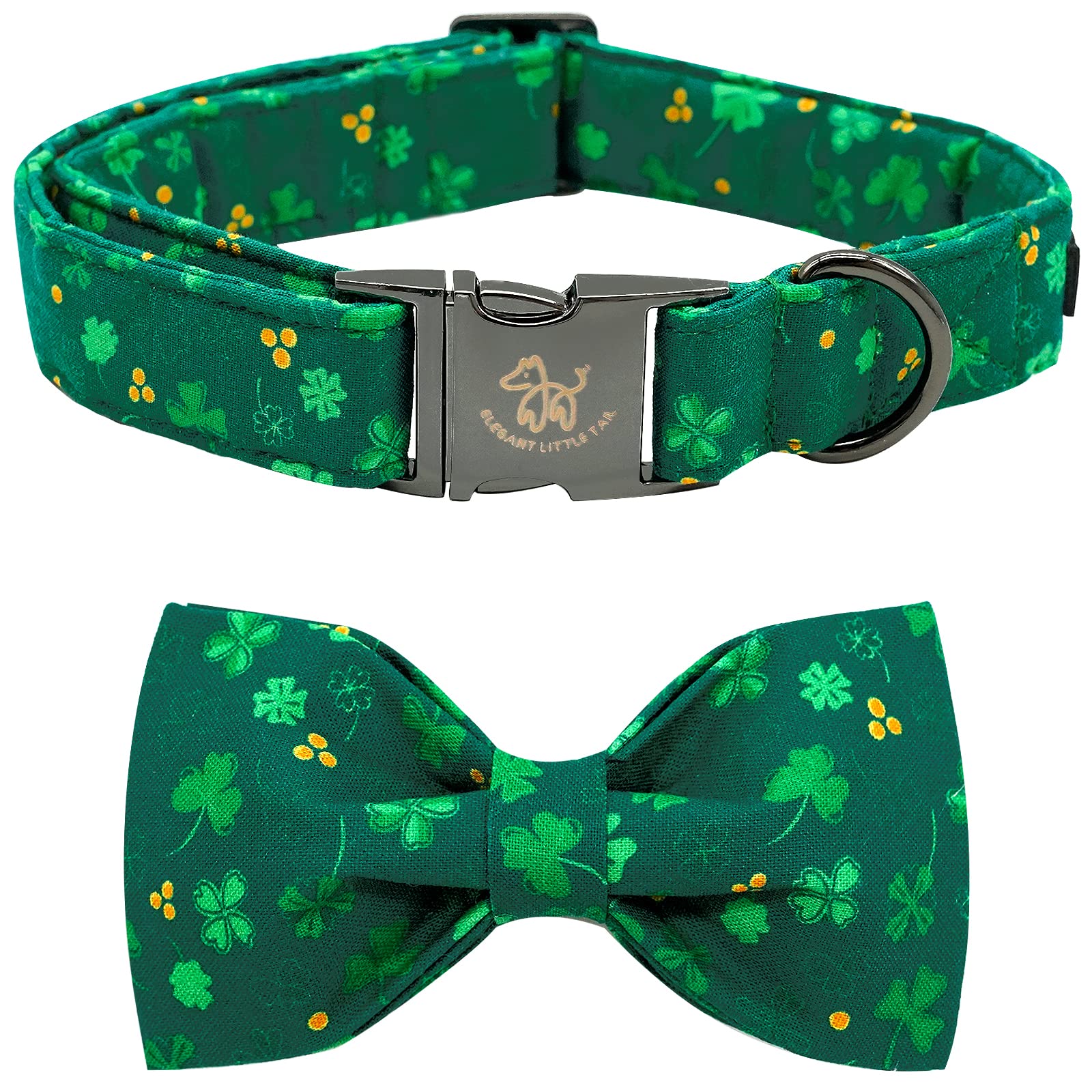 Elegant Little Tail St. Patrick'S Day Dog Collar With Bow - Green Clover Bowtie Adjustable For Large Dogs - Pet Gift