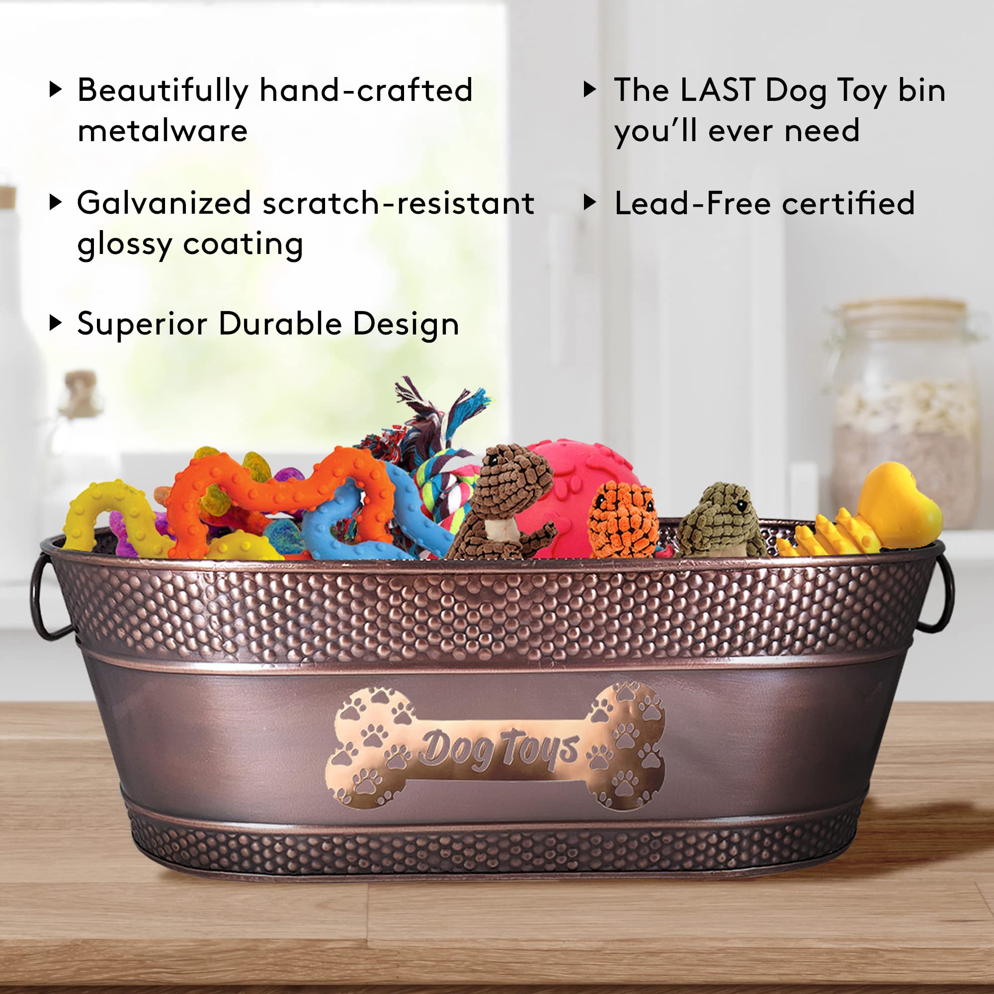 BREKX Metal Dog Toy Bin - Galvanized Organizer Basket, 15 Quart, Copper, Pawprint Design, Ideal for Pet Toys and Home Decor