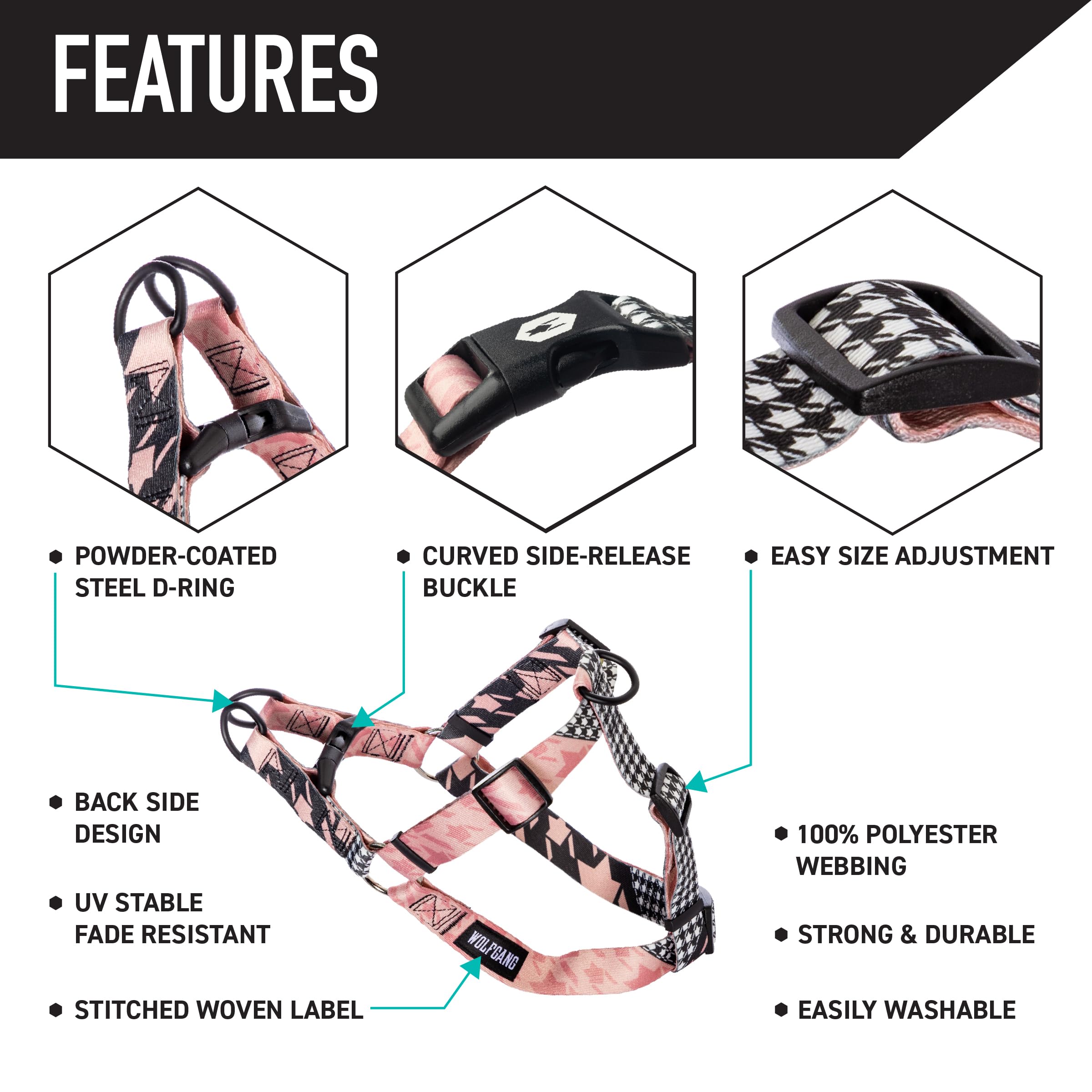 Wolfgang Heavy Duty Adjustable Dog Harness, Pull-Tested to Over 800 lbs for Walking & Training, HoundsPink Print, Large
