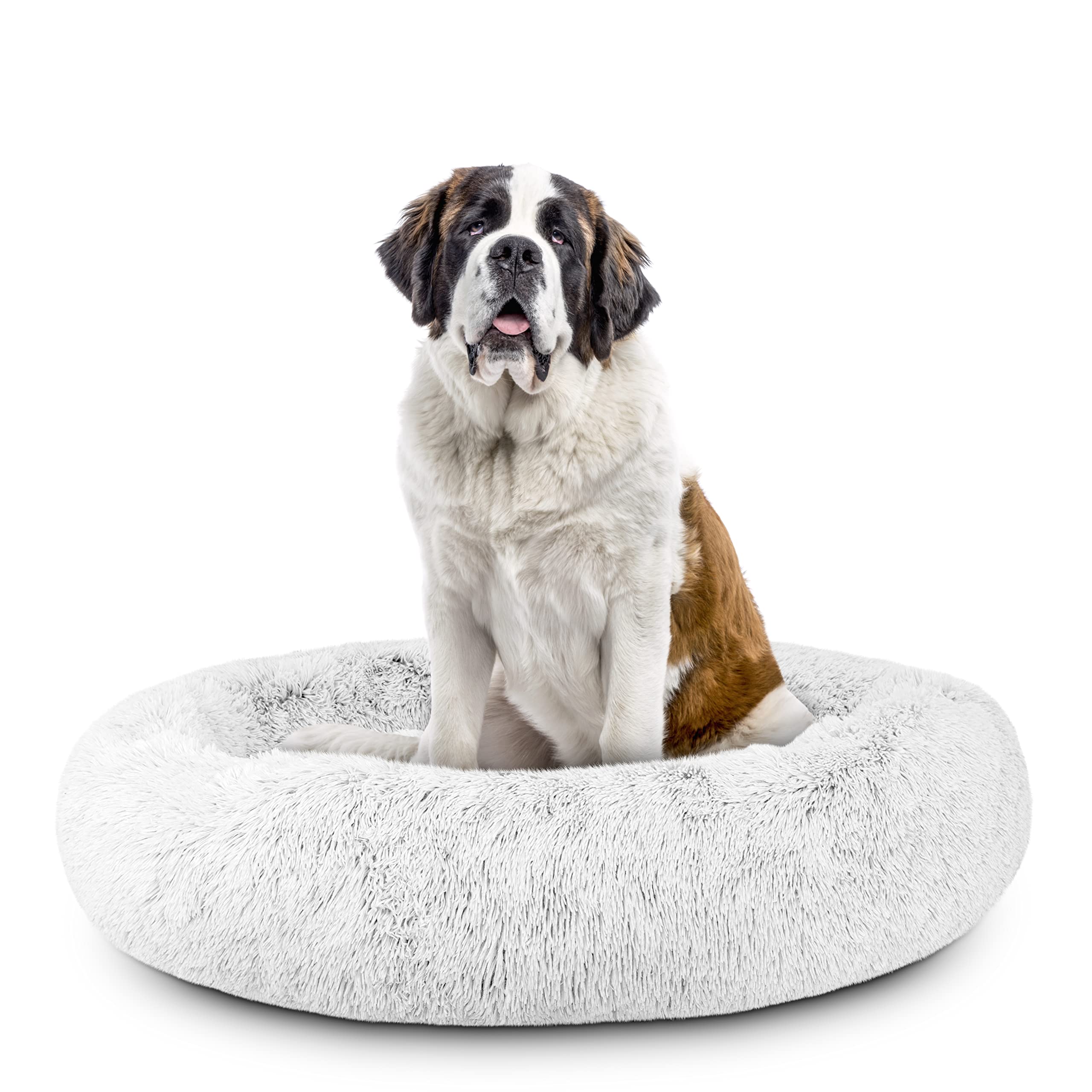 The Dogs Bed Sound Sleep Donut Dog Bed, XXL Ice White Fur Calming Nest Bed Removable Cover, Veterinary Approved