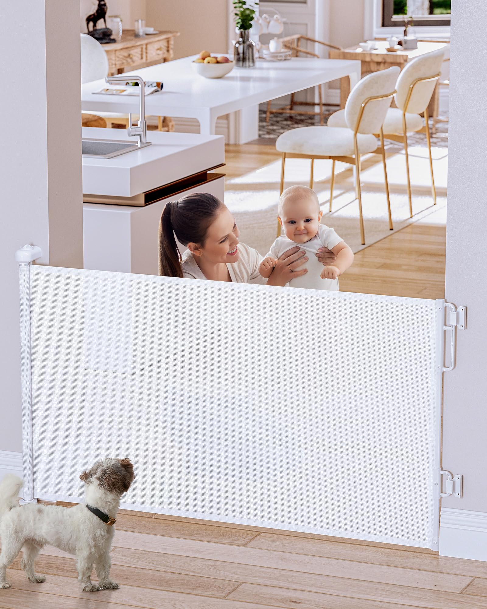 Cumbor 55 Wide Retractable Baby Gate - Award-Winning Mesh Pet Gate for Dogs & Toddlers, Indoor/Outdoor, White