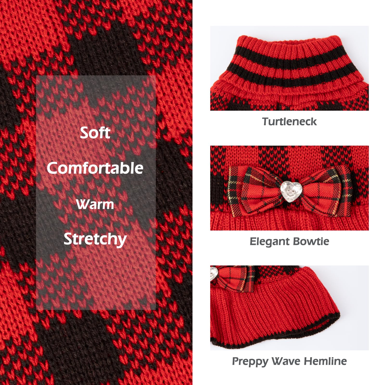 Kyeese Christmas Dog Sweater Dress With Bowtie Plaid Dogs Sweater For Small Dog Cat With Leash Hole