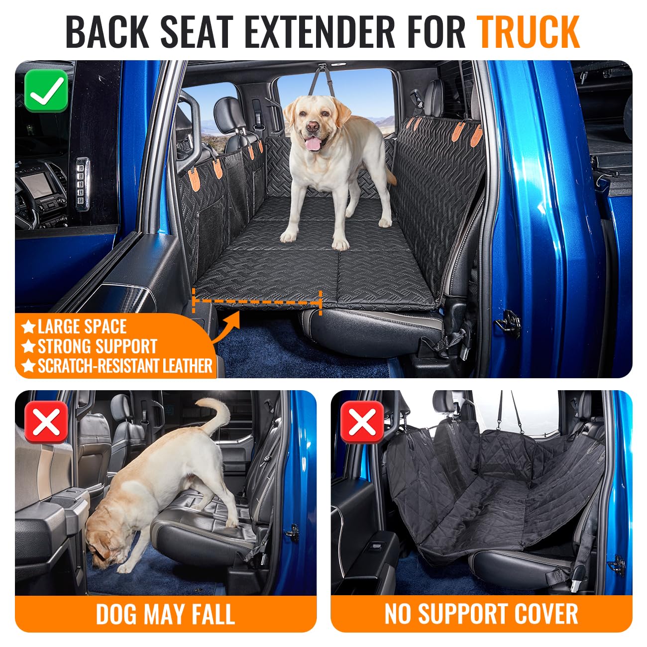 MAXFUT Dog Back Seat Extender for Truck - Faux Leather, Black, Hard Bottom, Model MAXFUT-01, Perfect for F150/RAM1500/Silverado