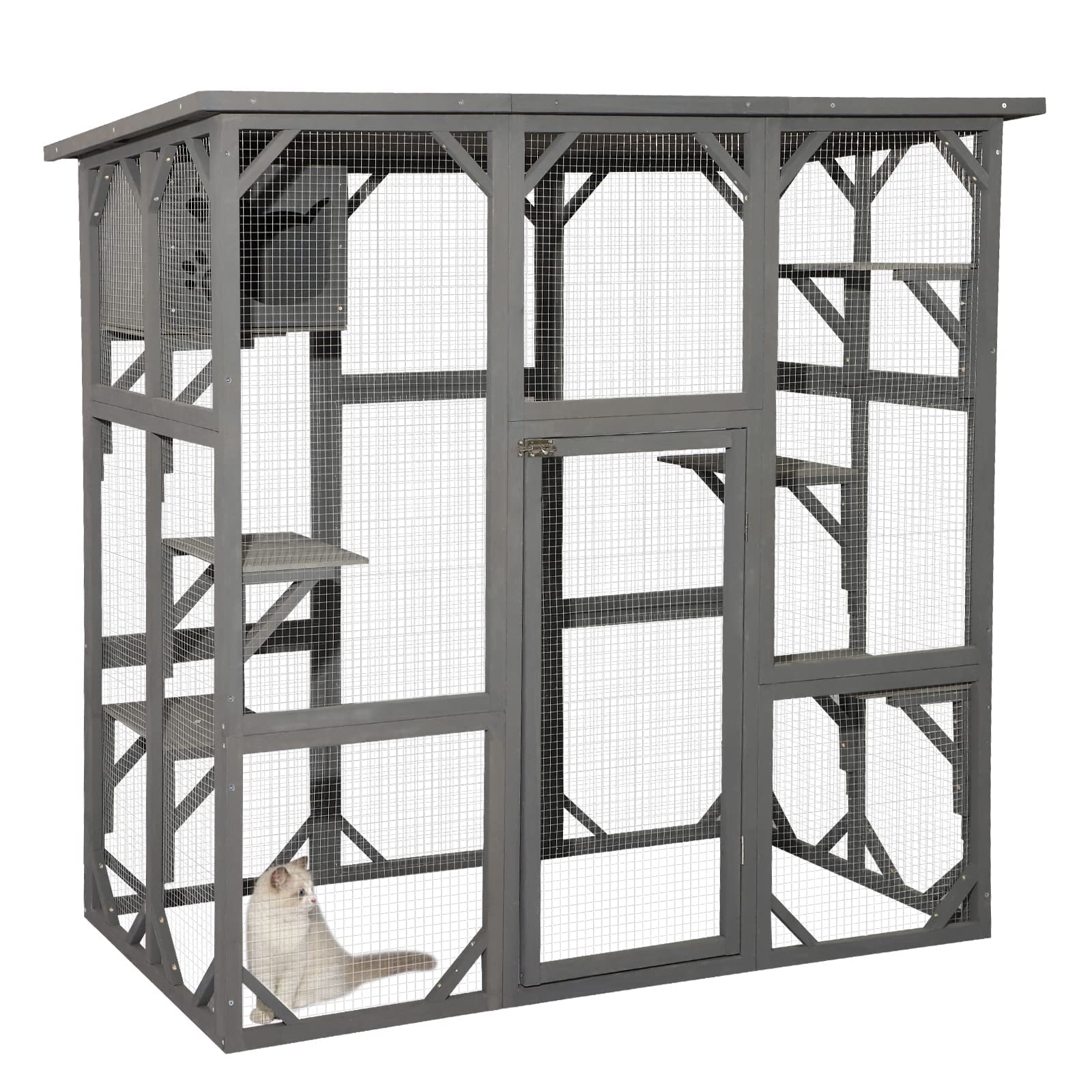 Titimo Catio Outdoor Cat Enclosure Large Wooden Outdoor Cat House With Small House, Cat Cage With 6 Platforms And Weather Protection (Gray,63' X 31.1' X 59.33')