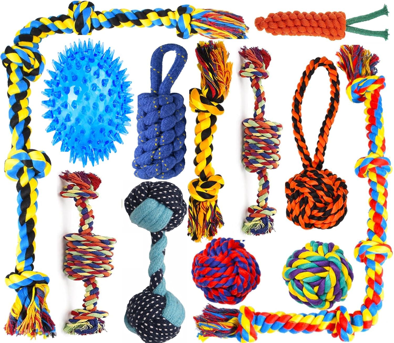 Waggy Tails Mega Dog Toy Pack Of 12  Durable Cotton Rope, Ball & Chew Toys For Puppies And Small To Medium Dogs, Teething, Tug,