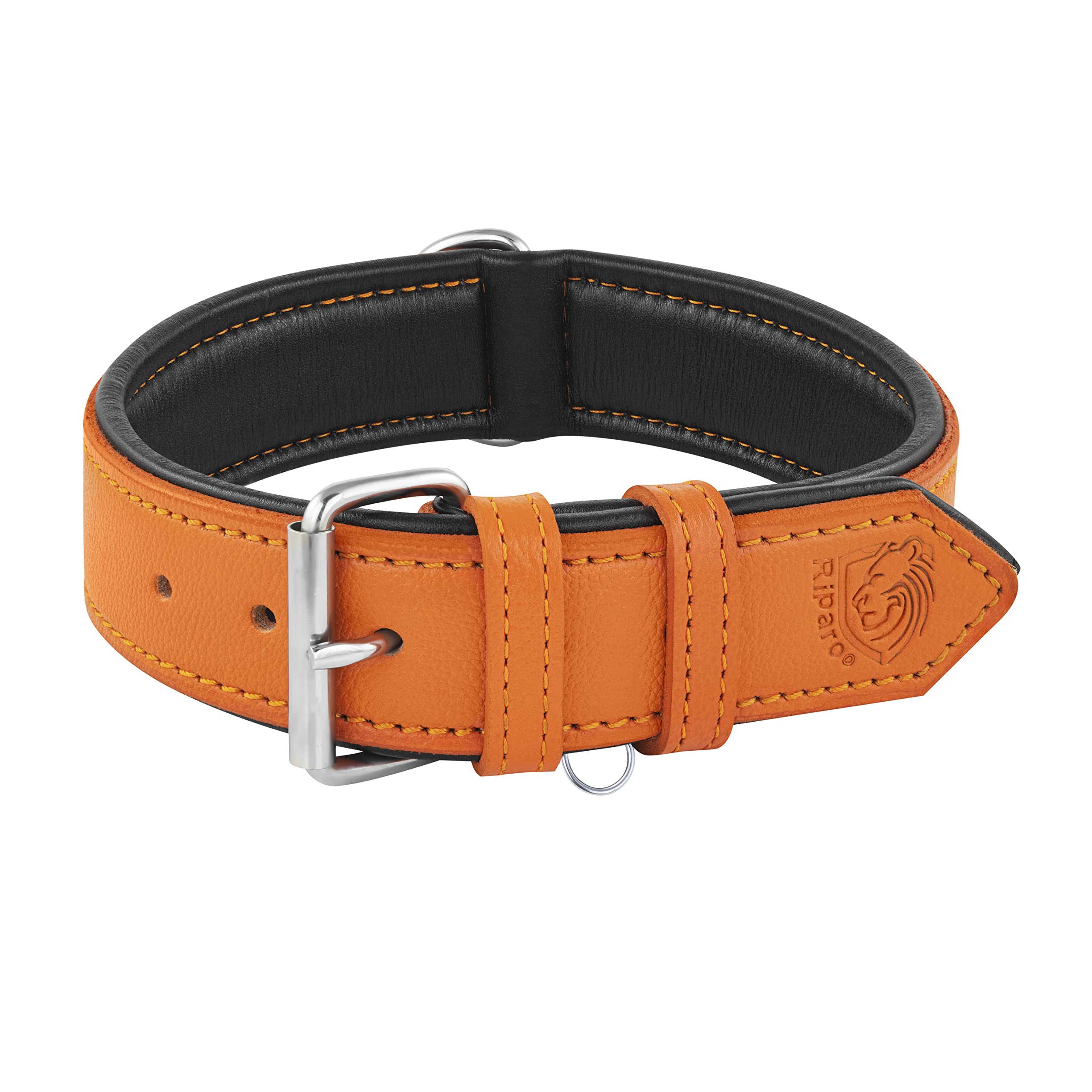 Riparo Orange Leather Dog Collar - Heavy Duty Wide Dog Collar For Small, Medium, Large And Extra Large Dogs With Dog Tag Holder 