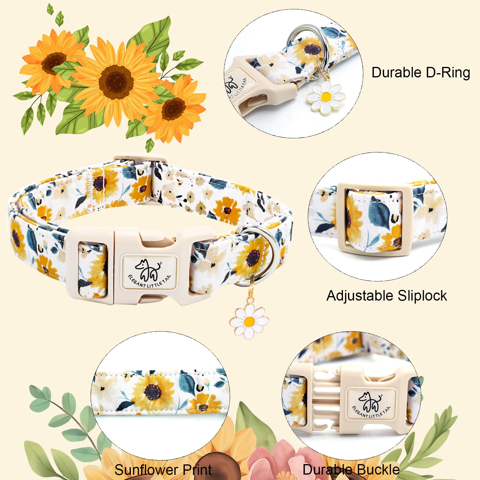 Elegant Little Tail Dog Collar,Sunflower Pattern Pet Collar Cute Durable Spring Female Or Male Adjustable Cotton Pet Collar With