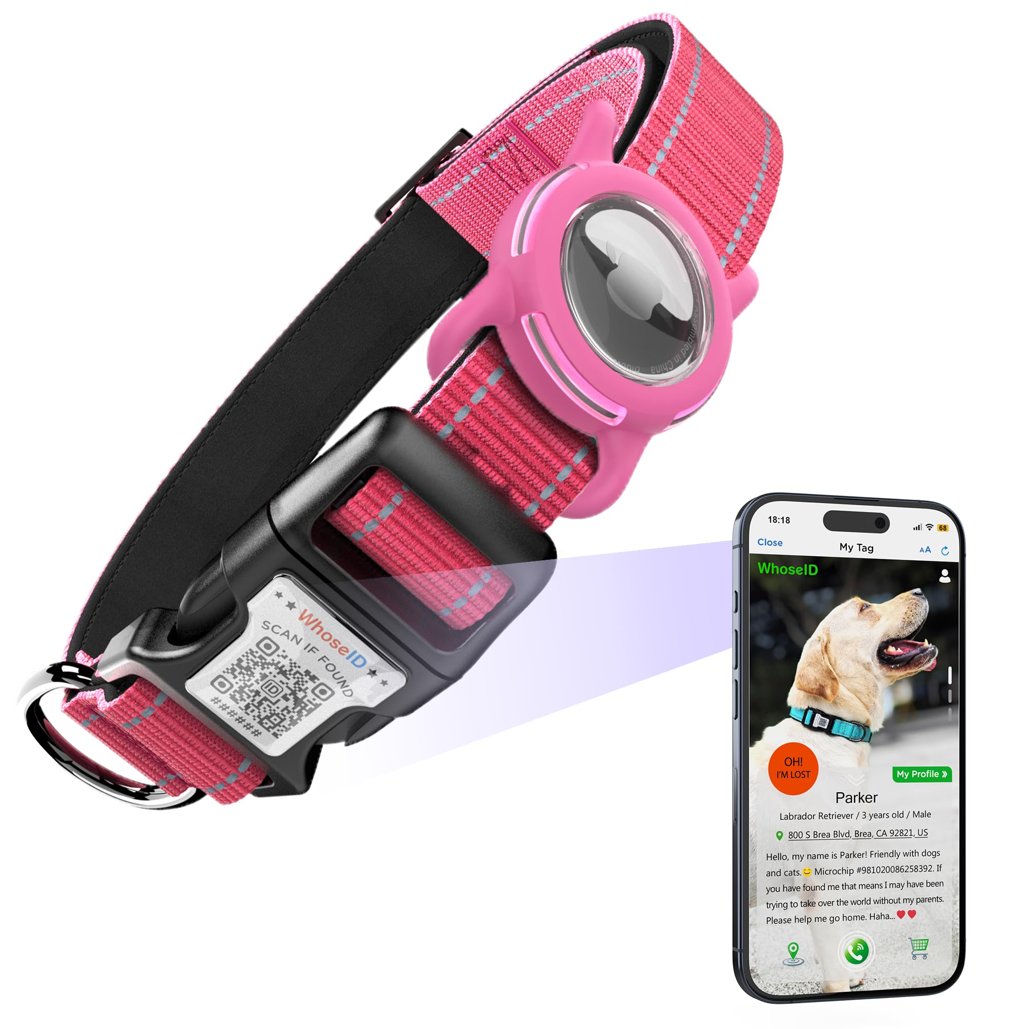 Airtag Dog Collar - Safety Locking Buckle & Pet Id Qr Code | Adjustable & Reflective Stripes With Air Tag Holder For Large Dogs 