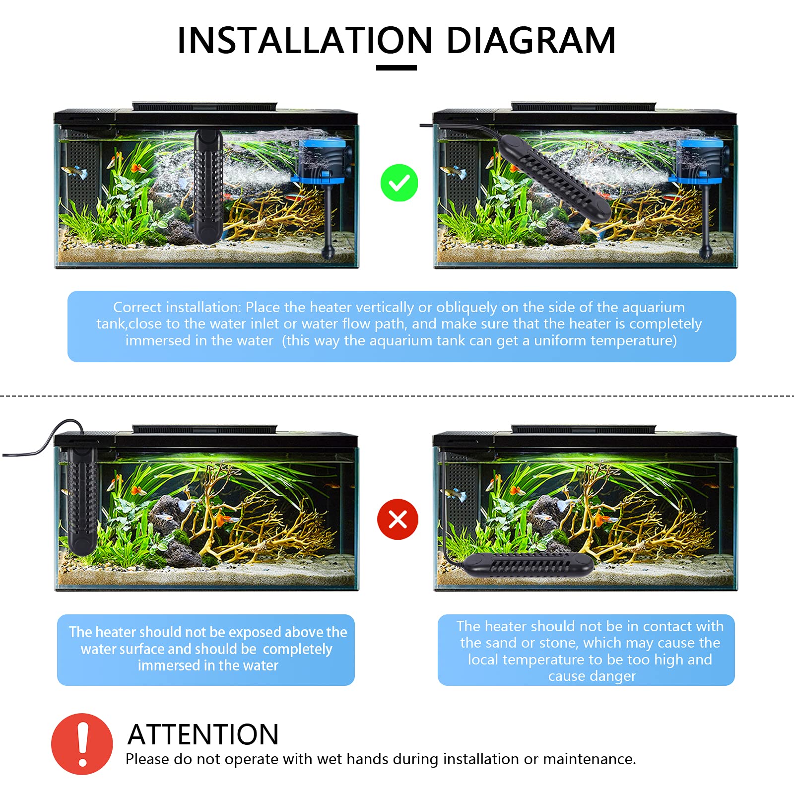 Submersible Aquarium Heater, 800W/1200W Fish Tank Heater, Double Tube Heating, Rapid Heating And Energy Saving, Led Digital Temperature Controller, Suitable For Sea Water And Fresh Water(1200W)